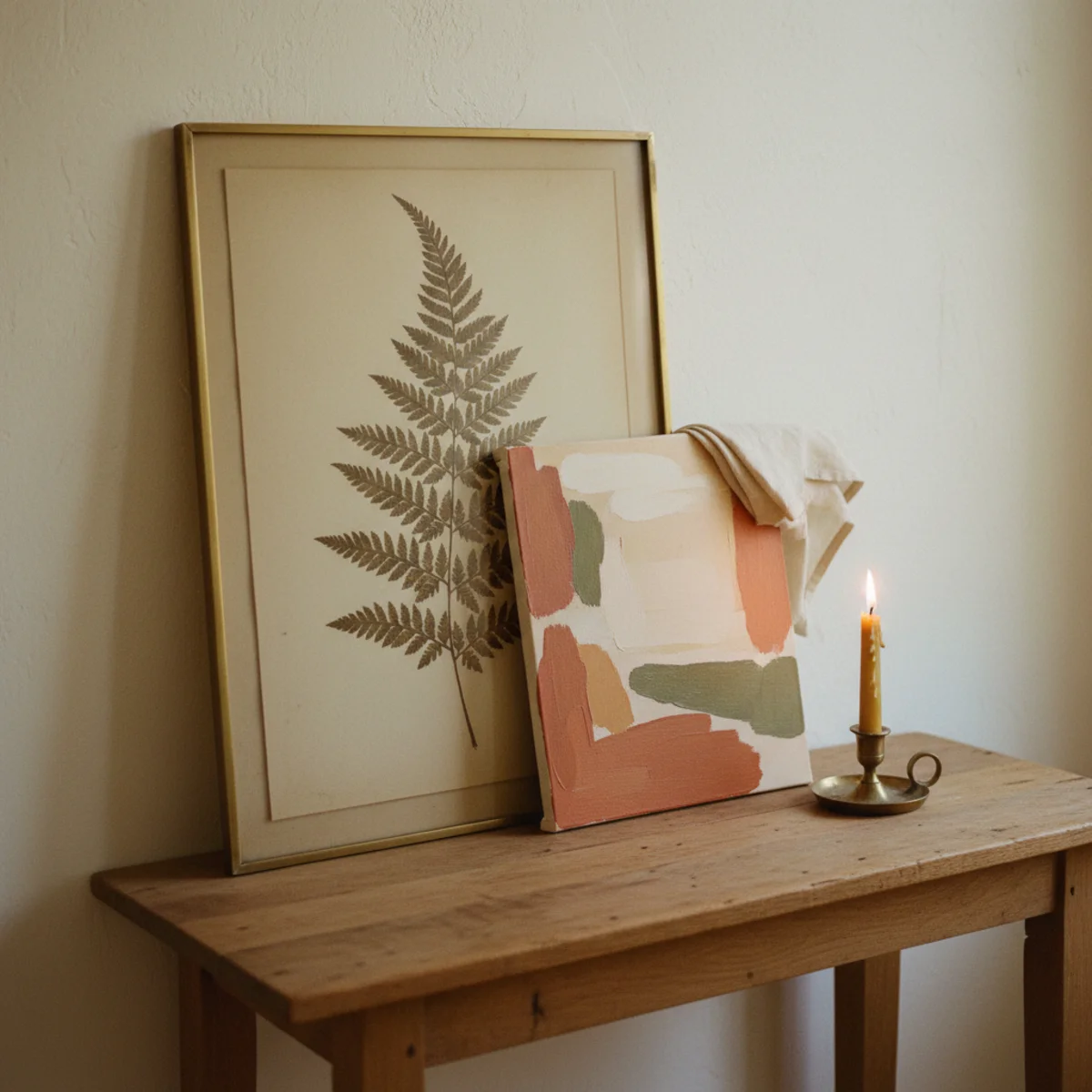 Apartment living room — picture ledges and console-leaning framed art in a warm apartment living room without any traditional hung pieces — Home Decor Aura