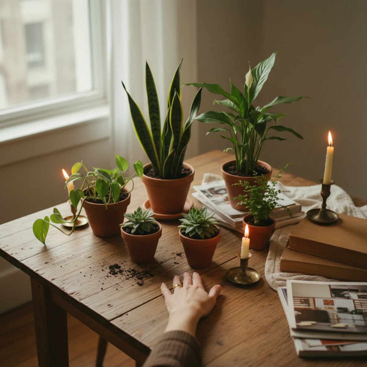 Apartment living room — four plants distributed across a warm apartment living room including snake plant, pothos, and small olive tree in terracotta pots — Home Decor Aura