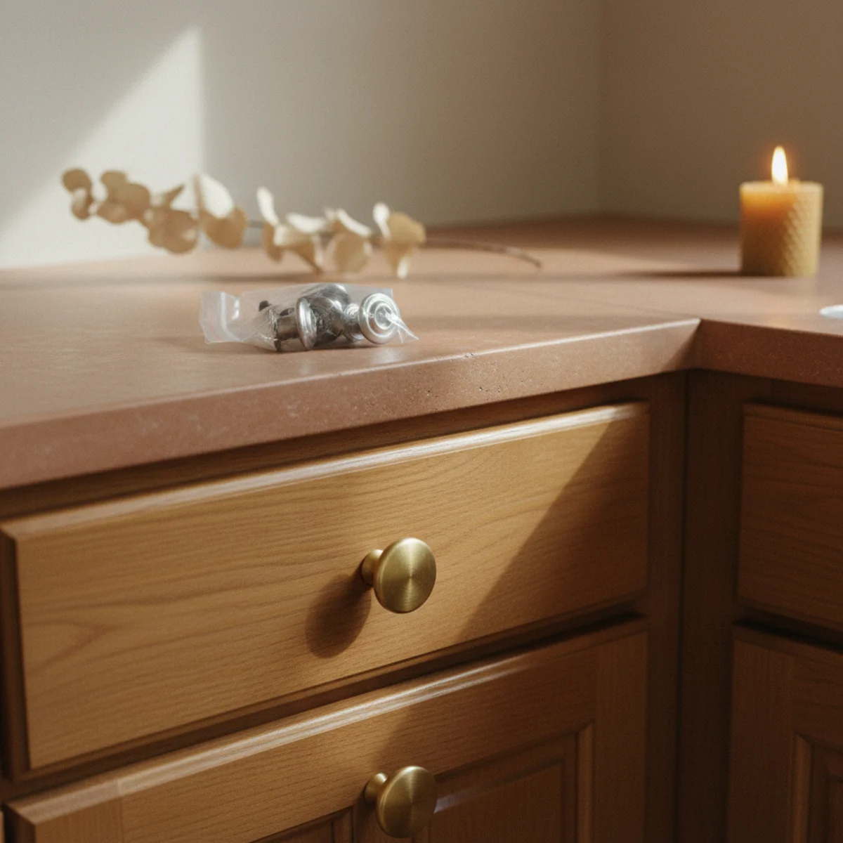 Apartment living room — aged brass cabinet pulls and drawer knobs replacing original generic hardware in a warm apartment with originals saved in labeled bag — Home Decor Aura