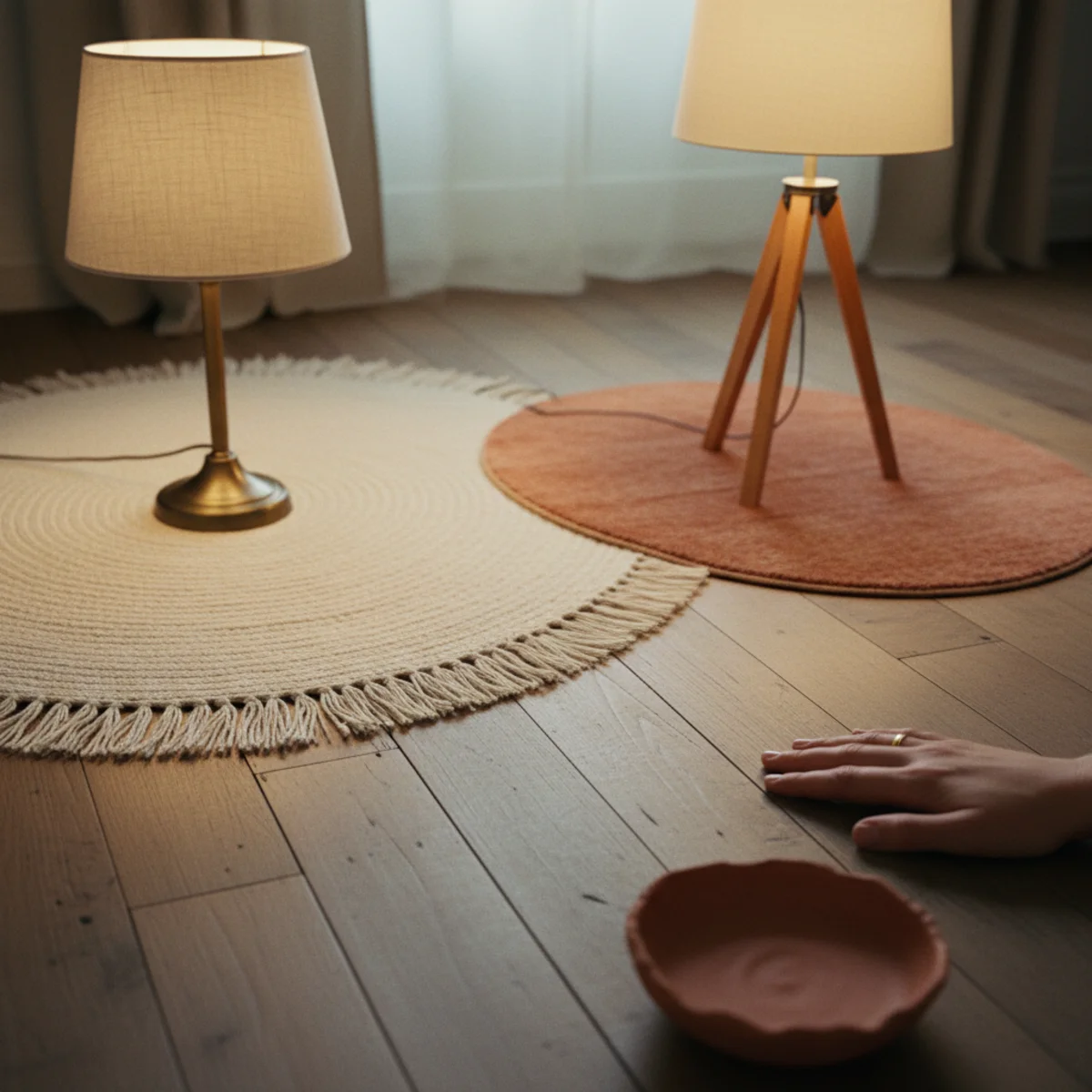 Apartment living room — open-plan apartment living-dining defined into zones by separate rugs and lighting arrangements for living, dining, and reading corner in a warm apartment — Home Decor Aura