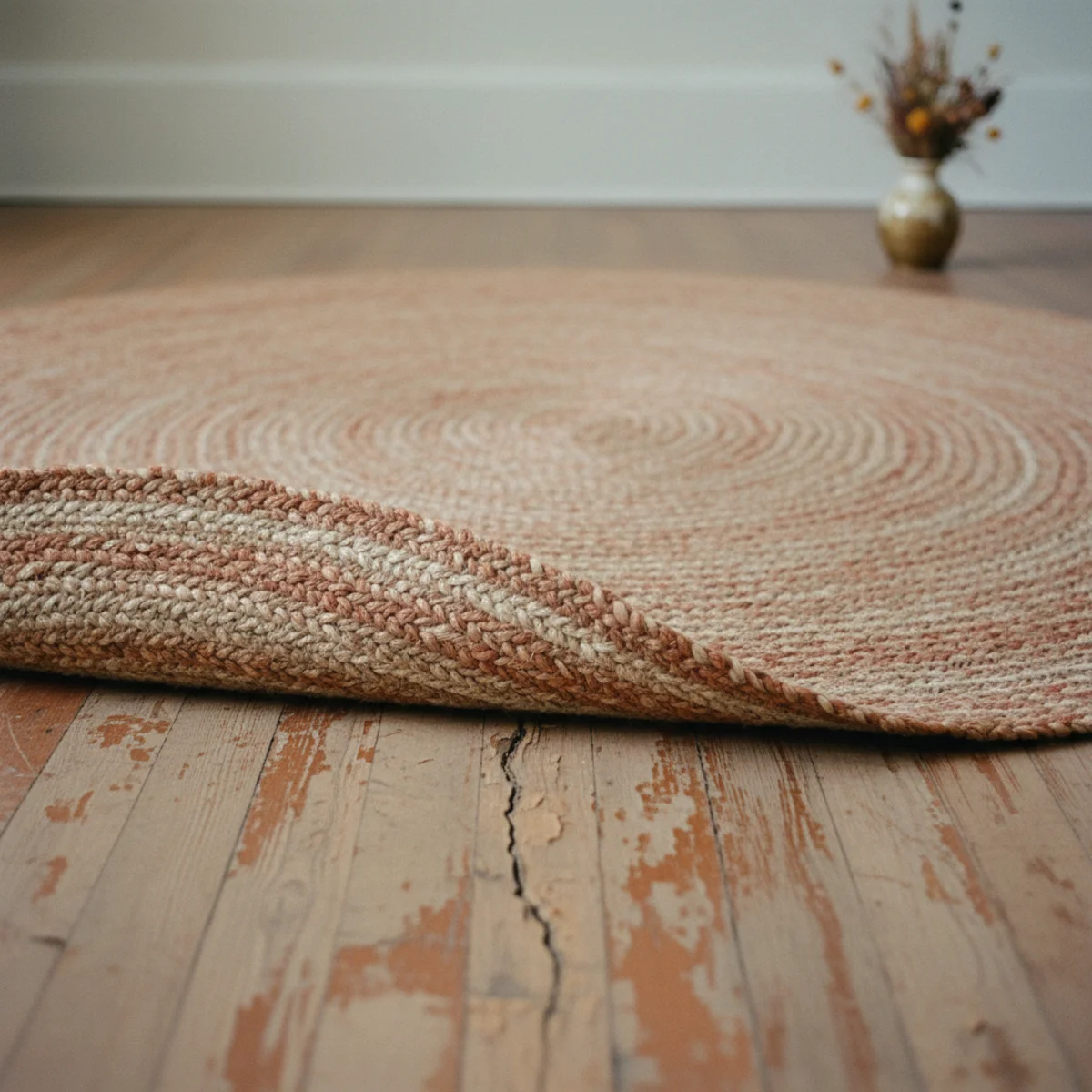 Apartment living room — large 9x12 vintage Persian rug covering scratched hardwood floors in a warm rental apartment living room — Home Decor Aura