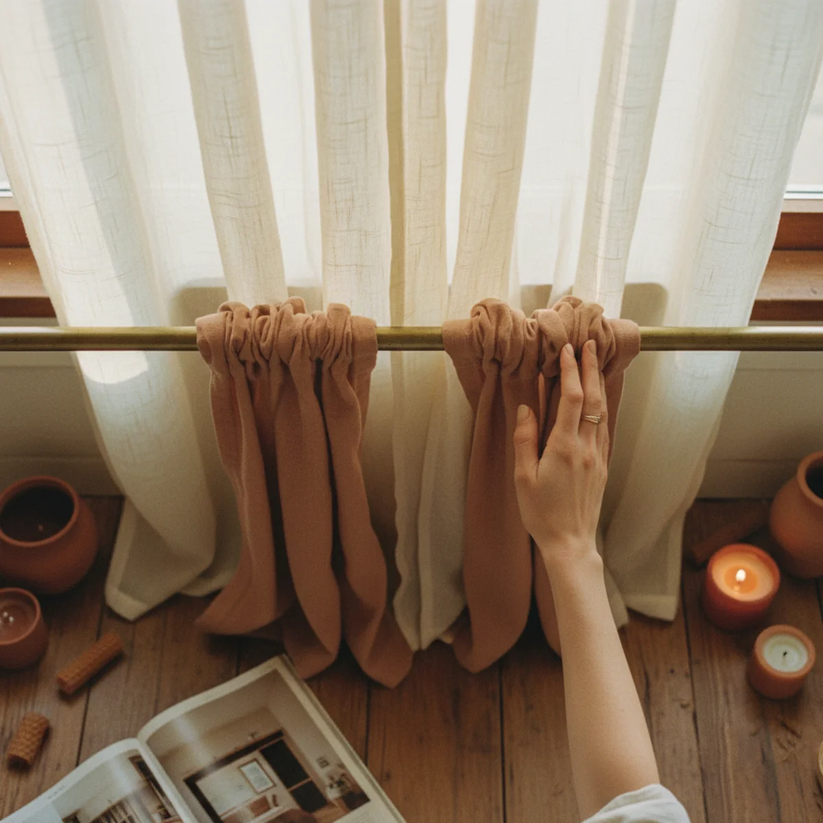 Apartment living room — tension rod inside window frame holding unlined linen curtain panels in oatmeal tone in a warm apartment living room — Home Decor Aura