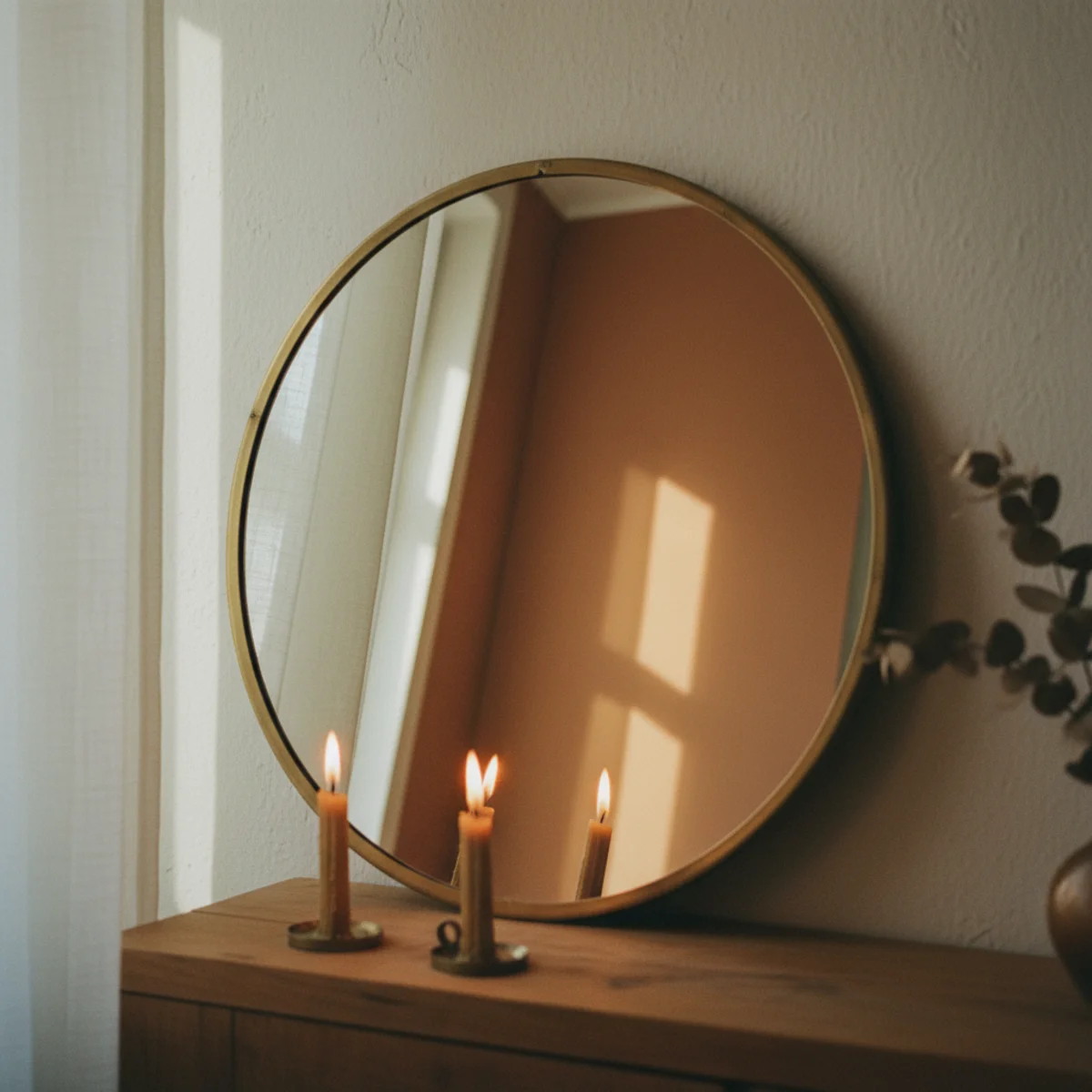Apartment living room — large 60-inch leaning floor mirror in warm oak frame positioned opposite a window in a warm apartment living room — Home Decor Aura