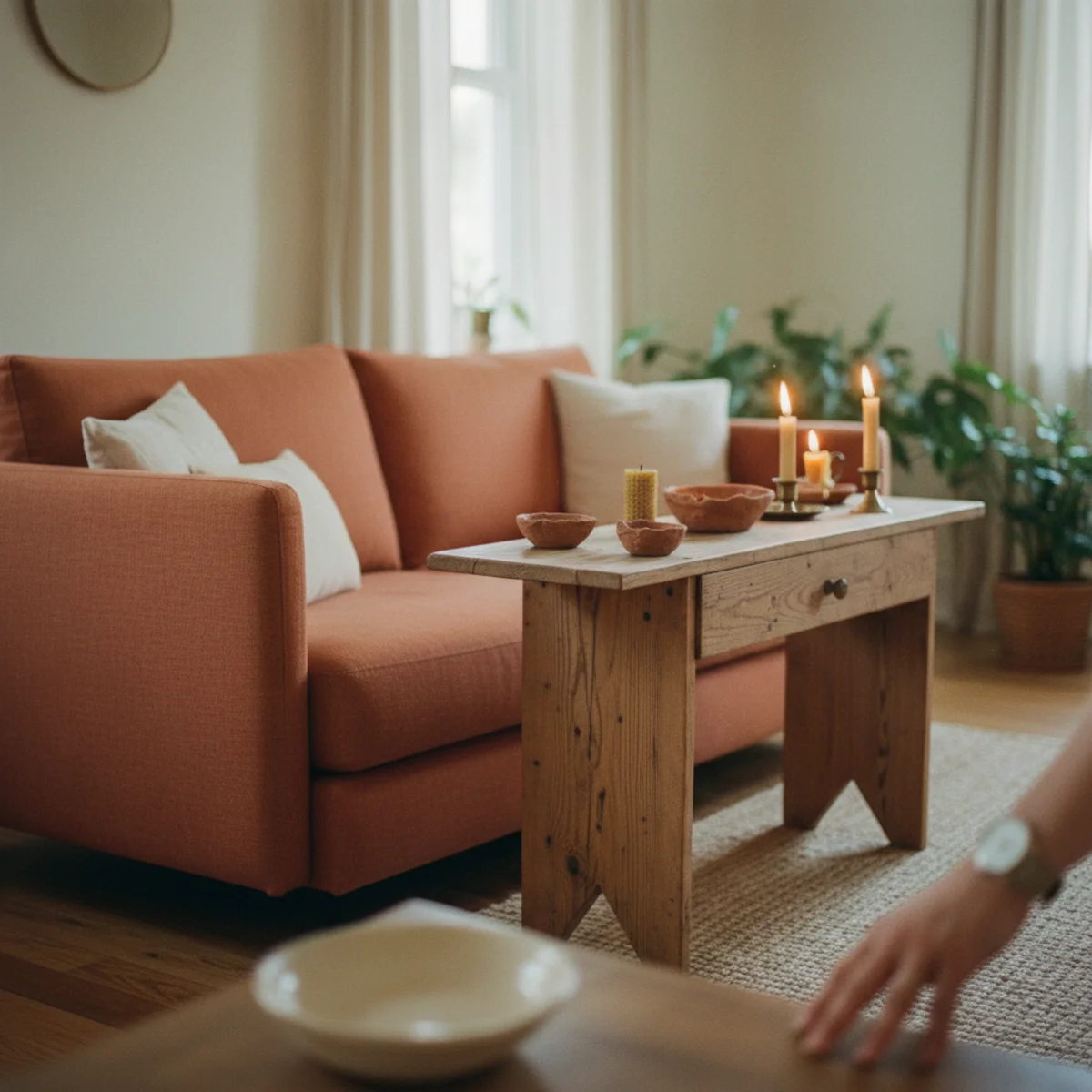 Apartment living room — apartment living room sofa floated 6 inches off the wall with narrow console behind holding two lamps in a warm rental apartment — Home Decor Aura