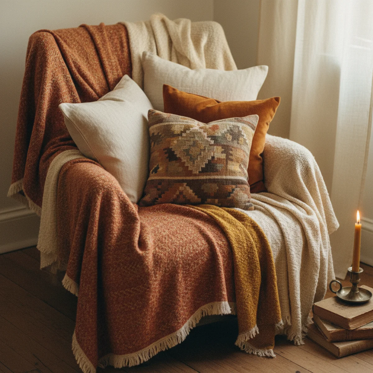 Apartment living room — beige rental sofa disguised with layered throw cushions in linen and boucle textures plus wool throw and sheepskin accent in a warm apartment — Home Decor Aura