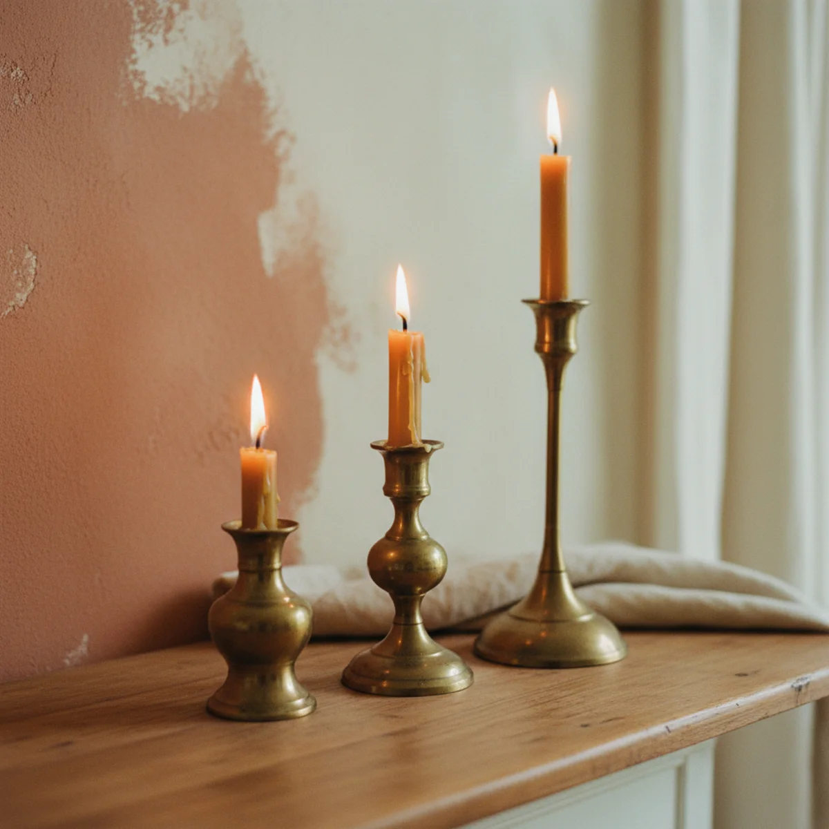 Autumn mantel ideas — cluster of five vintage brass candlesticks at three different heights with beeswax tapers positioned on the heavy left side of a wooden mantel during autumn — Home Decor Aura
