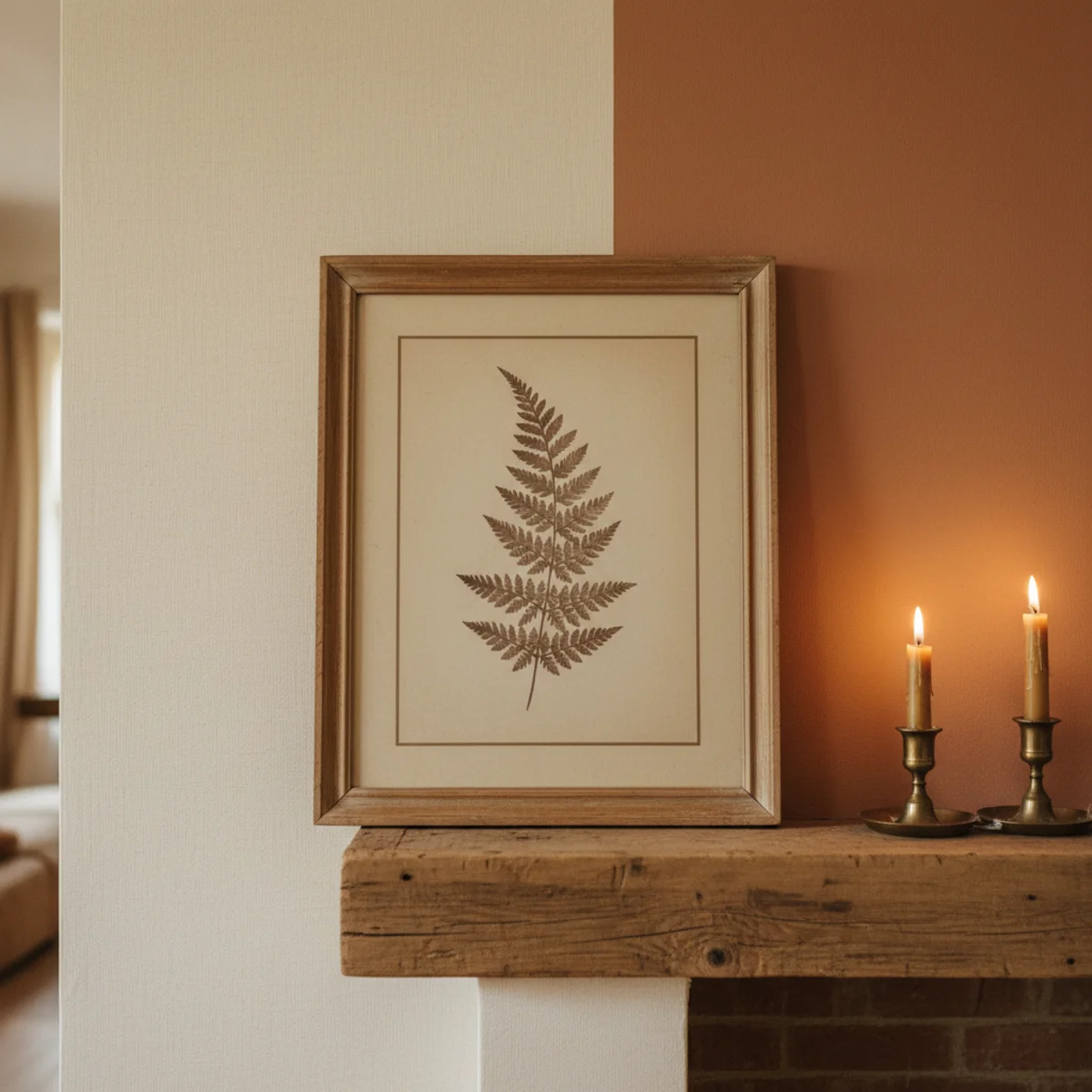 Autumn mantel ideas — vintage gilded brass framed autumn landscape painting leaning against the wall behind a wooden mantel with bottom edge resting on the mantel surface during fall — Home Decor Aura