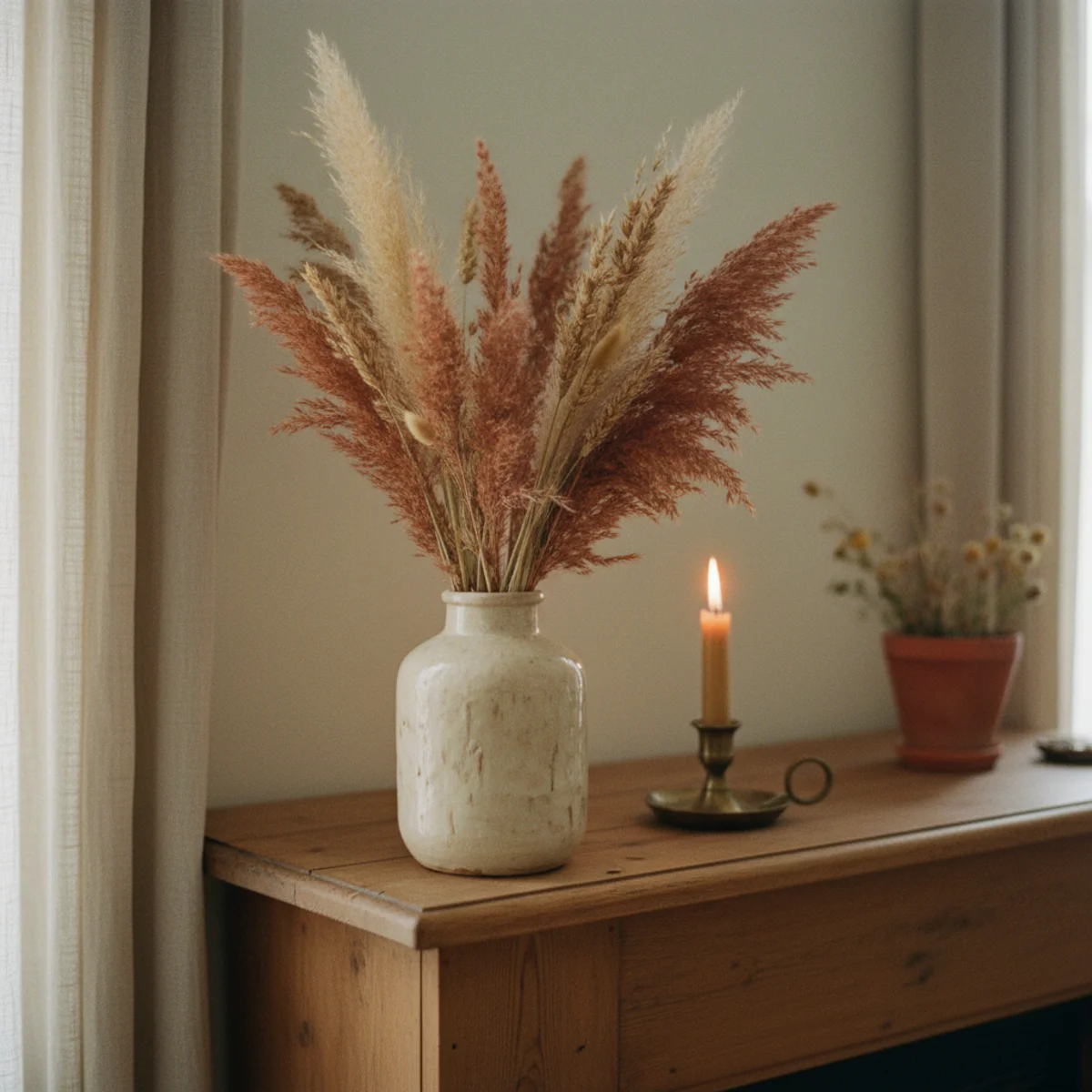 Autumn mantel ideas — bouquet of dried wheat stalks in tall vintage ceramic vase positioned off-center on the heavy side of a wooden mantel during autumn — Home Decor Aura