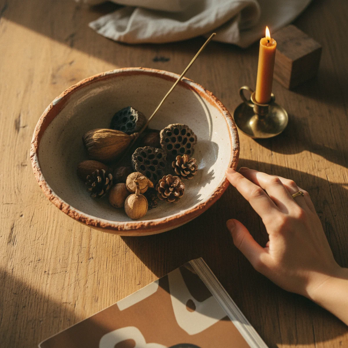 Autumn mantel ideas — low wooden bowl filled with mini white pumpkins, acorns, pinecones, and dried orange slices positioned on the mantel surface near the brass candlestick cluster — Home Decor Aura