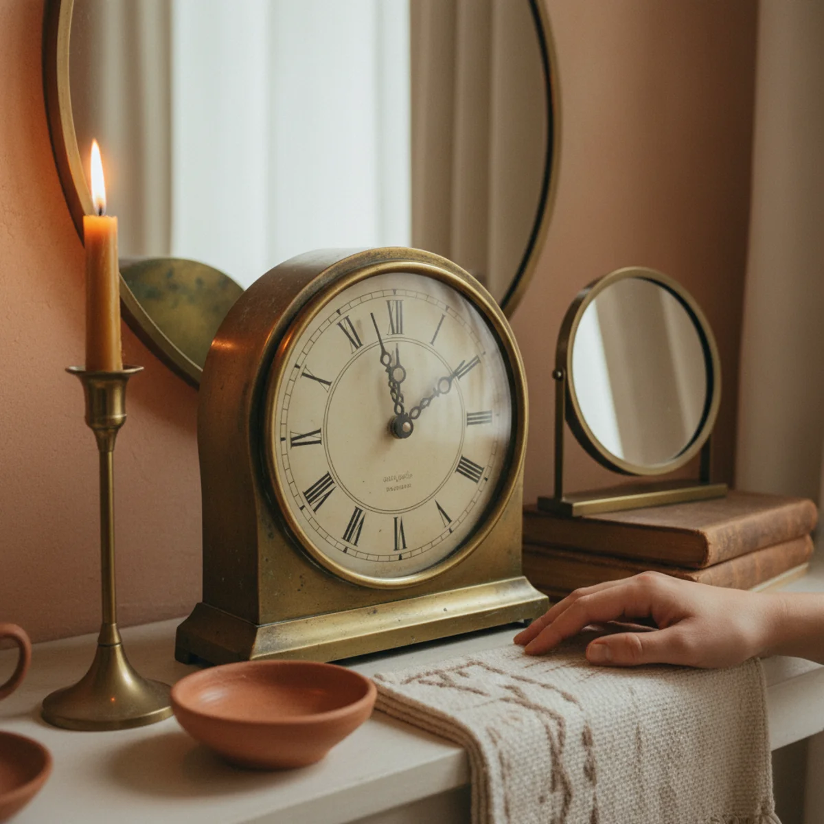 Autumn mantel ideas — vintage brass mantel clock at 10 inches tall positioned at mid-height plane on mantel beside brass candlestick cluster during autumn — Home Decor Aura