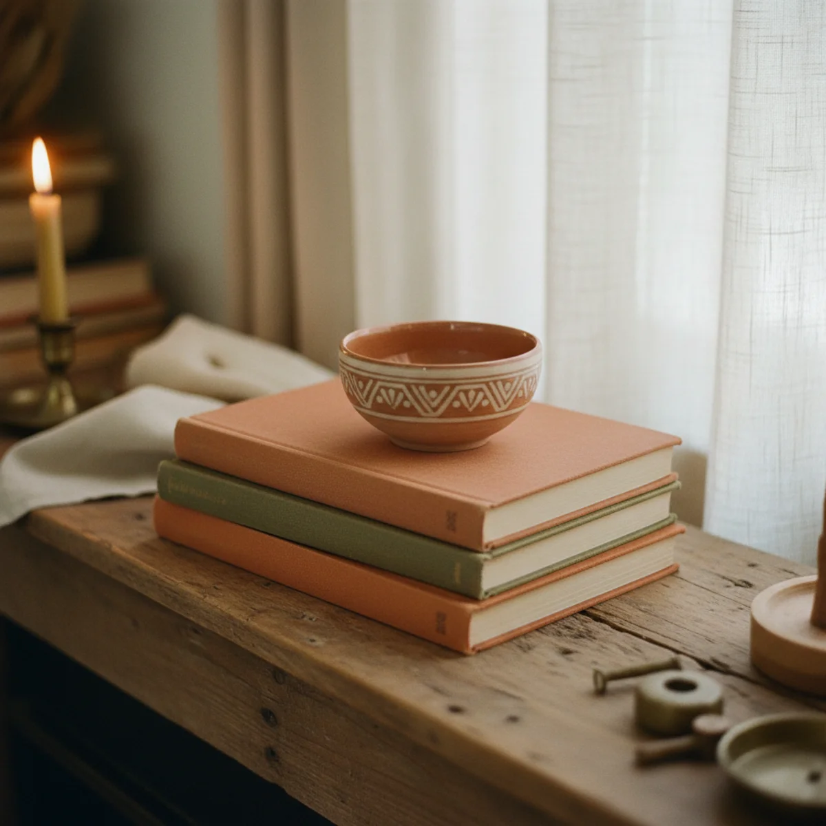 Autumn mantel ideas — stack of three leather-bound vintage books with brass candlestick on top creating mid-height layer on a wooden mantel during autumn — Home Decor Aura