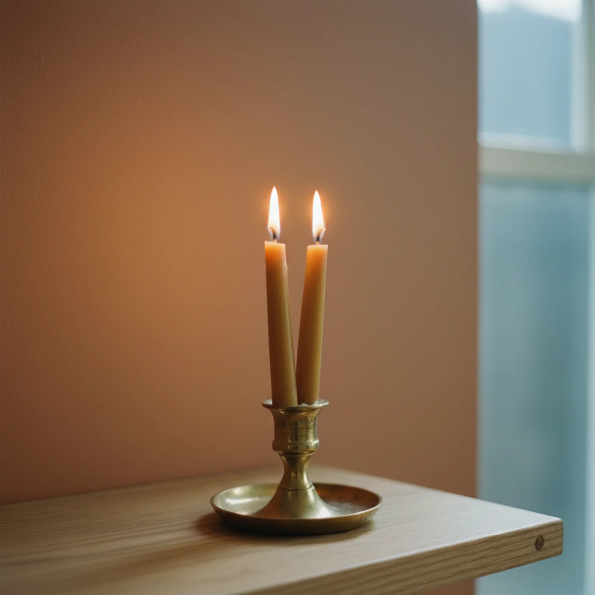 Autumn mantel ideas — mantel at dusk with five beeswax tapers lit in vintage brass candlesticks creating warm atmospheric glow during early autumn evening as outside window darkens — Home Decor Aura