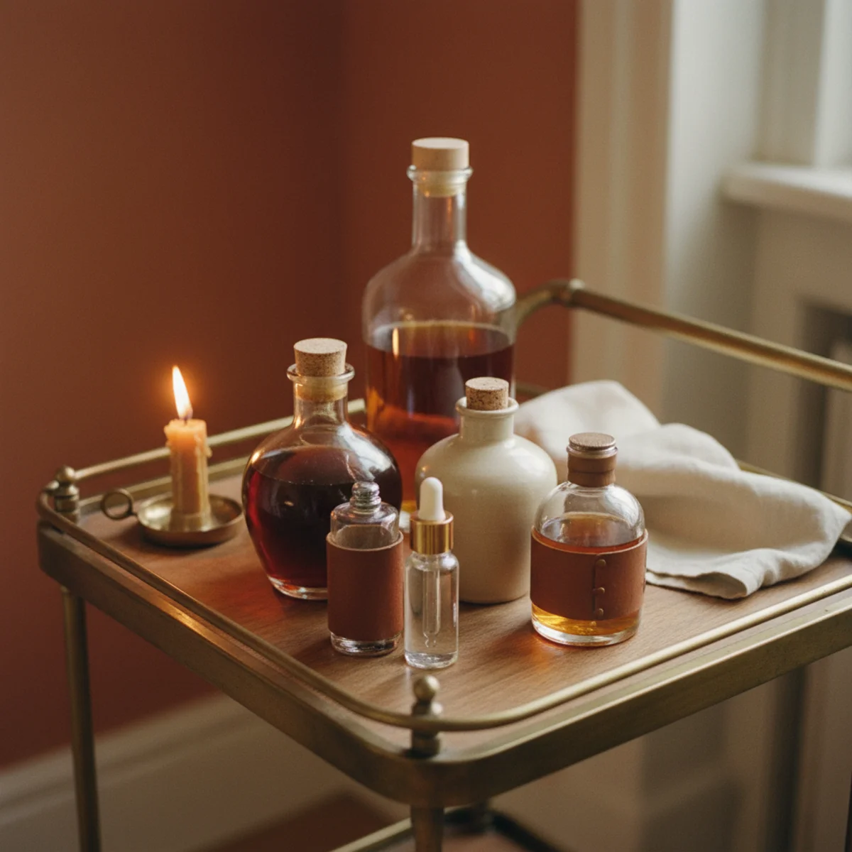 Bar cart styling — bar cart with bottles arranged by height with tall bourbon and gin at back, medium vermouth and aperol in middle, and short bitters and small cordials at front creating visual depth — Home Decor Aura
