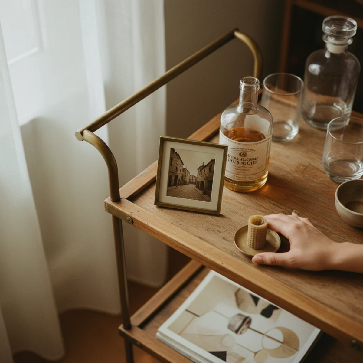 Bar cart styling — small 4x4 inch framed travel photo from a vineyard trip positioned among bar cart bottles and tools as the single personal object that distinguishes warm-home from hotel lobby bar — Home Decor Aura