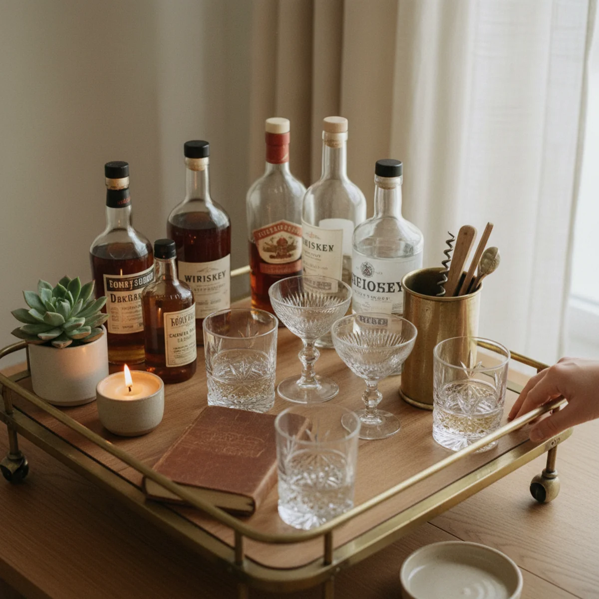 Bar cart styling — well-edited bar cart after quarterly edit showing 7 bottles grouped by height, 4 rocks glasses stacked, tools in brass holder, plant, and one personal object with visible breathing room — Home Decor Aura