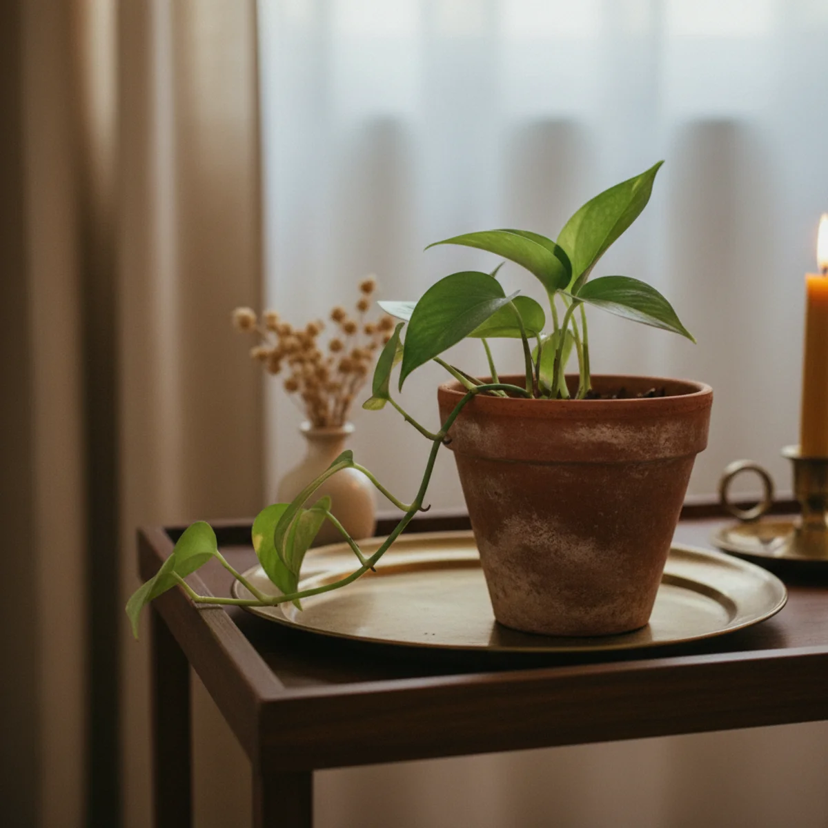 Bar cart styling — bar cart with small pothos plant in terracotta pot on top tier with vines beginning to trail off the edge adding organic life to the otherwise all-hard-surface composition — Home Decor Aura