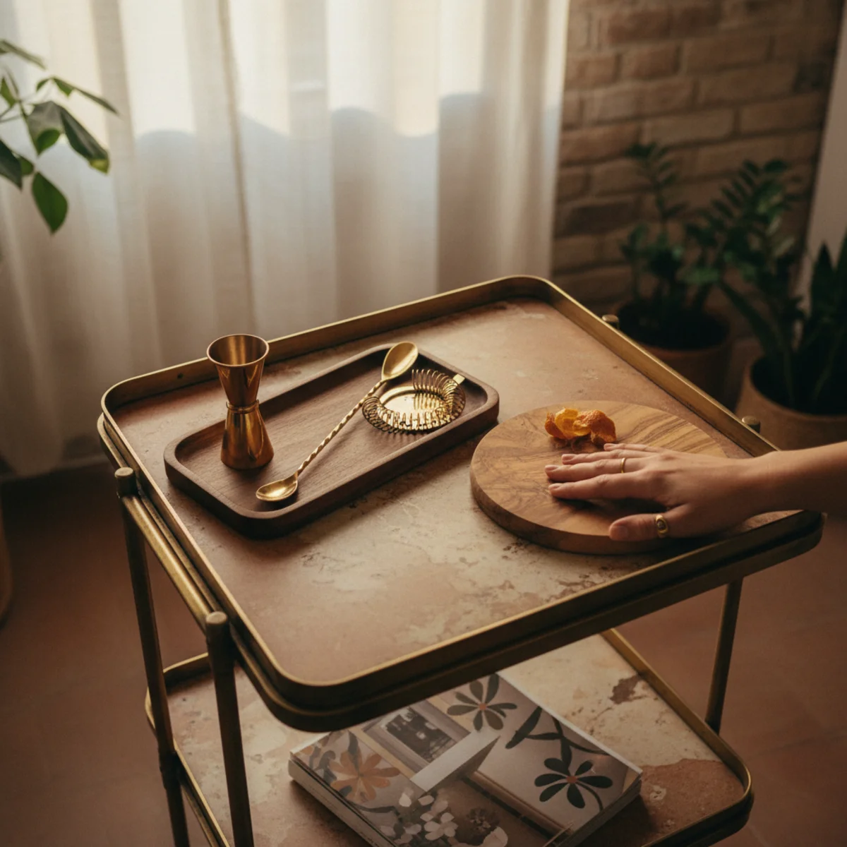 Bar cart styling — bar cart top tier with small brass tray holding jigger, strainer, and bar spoon beside small wooden cutting board as designated working zone — Home Decor Aura
