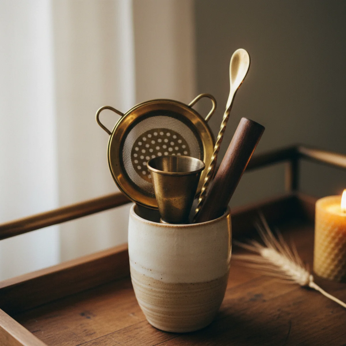 Bar cart styling — brass jigger, Hawthorne strainer, and bar spoon stored upright in small ceramic cup on bar cart working tray showing warm tool materials — Home Decor Aura