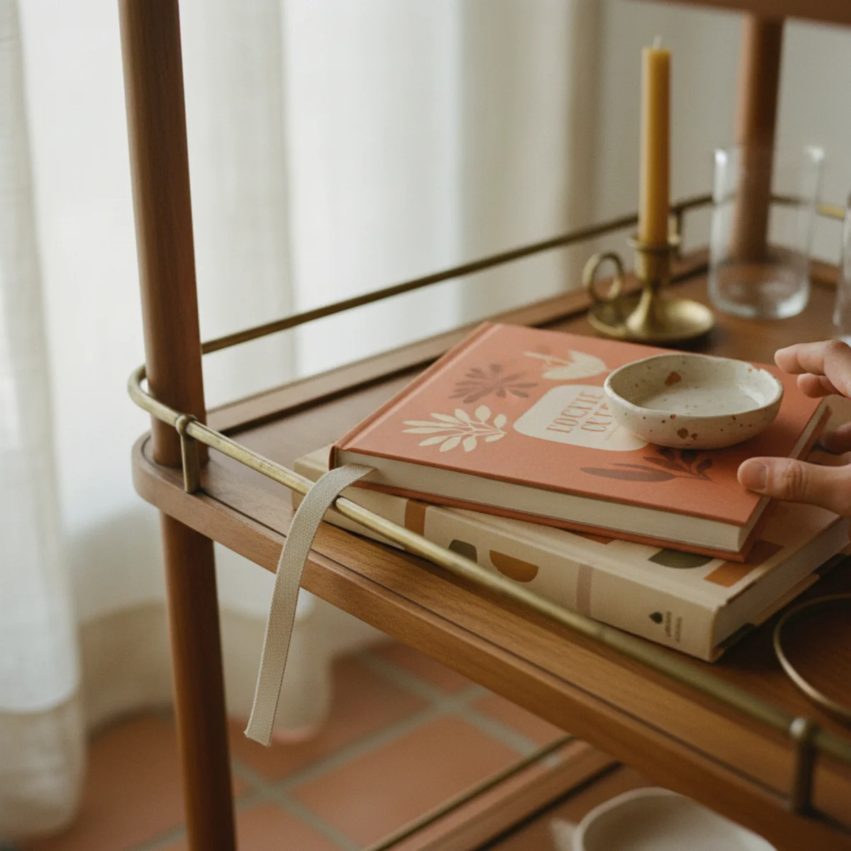 Bar cart styling — small stack of three cocktail books including Death and Co on bar cart lower tier with visible bookmark in the top book — Home Decor Aura