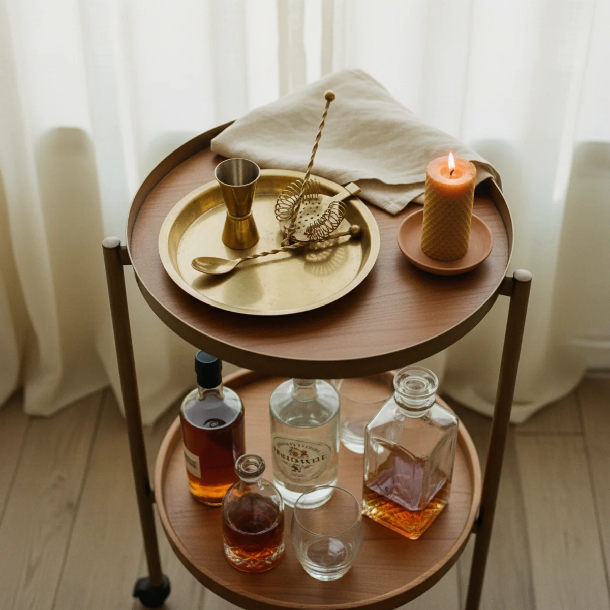 Bar cart styling — bar cart showing small brass tray on top tier containing tools and large warm wood tray on lower tier organizing bottle grouping into visual zone — Home Decor Aura