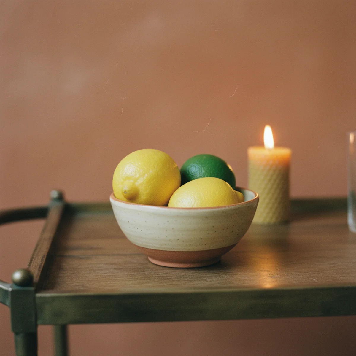 Bar cart styling — small ceramic bowl with lemons and limes on bar cart working tray beside cocktail tools signaling active drink preparation — Home Decor Aura