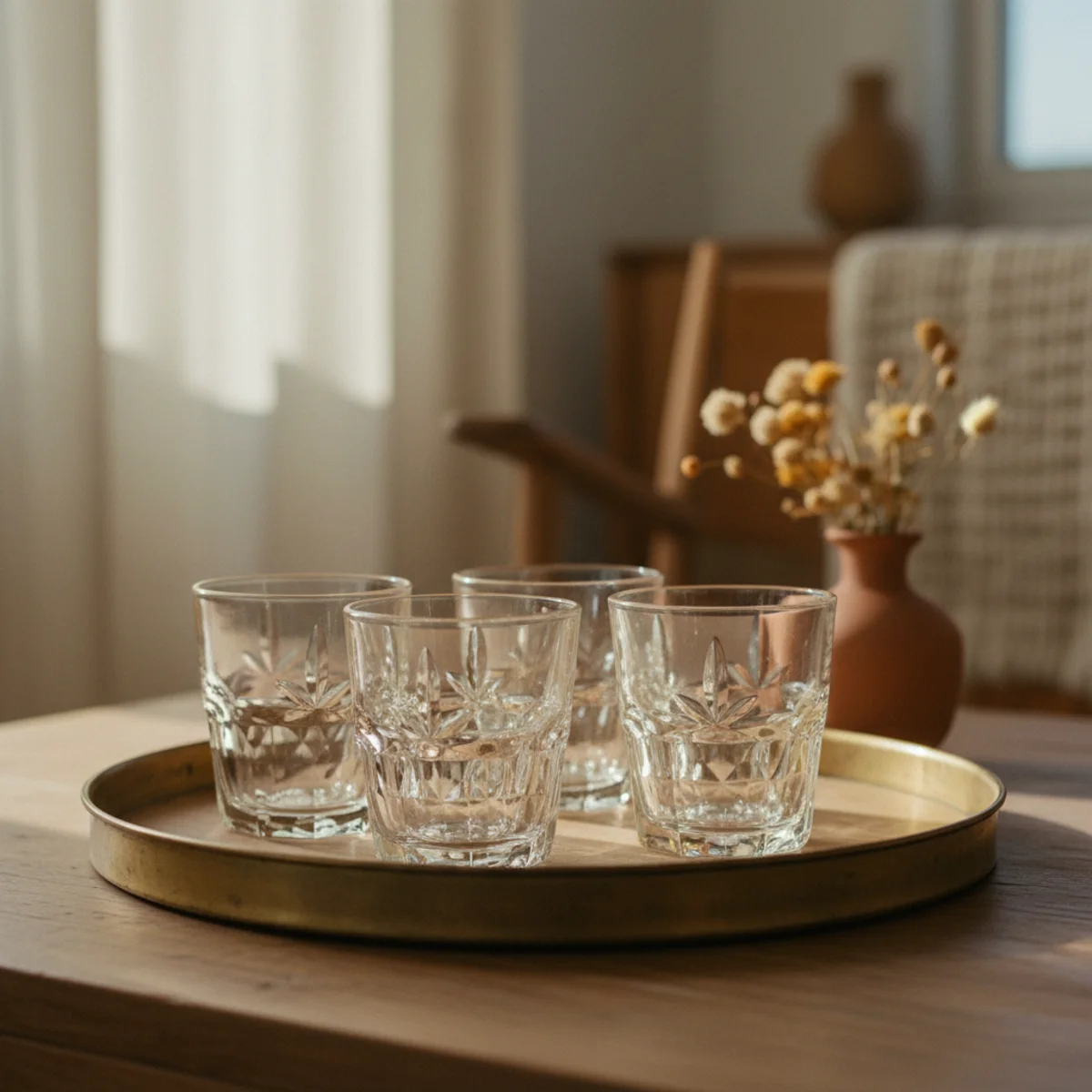 Bar cart styling — four vintage mid-century pressed glass rocks glasses with slight design variations grouped on bar cart lower tier showing related-but-not-matching collected character — Home Decor Aura