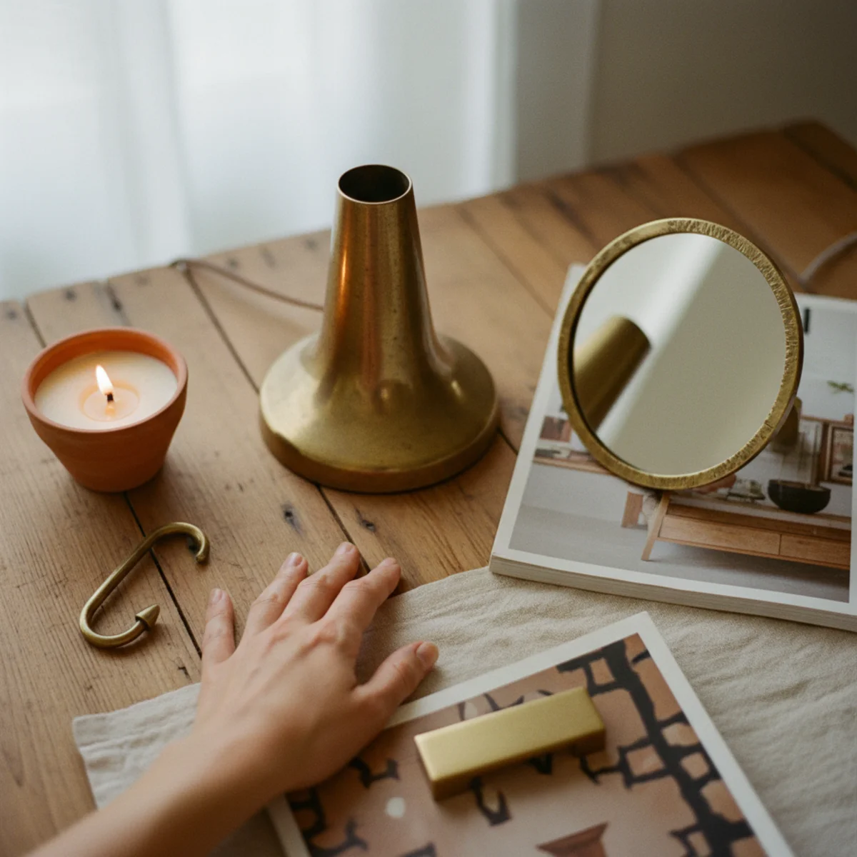Bedroom cozy ideas — aged brass drawer pulls, brass lamp base, and brass curtain rod brackets all matched warm metal in a cozy bedroom — Home Decor Aura