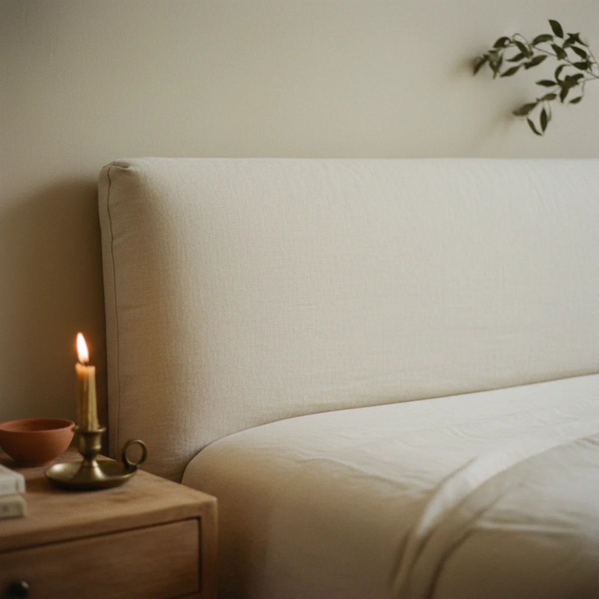Bedroom cozy ideas — DIY upholstered linen headboard in oat tone framing a layered cozy bed in a warm bedroom — Home Decor Aura