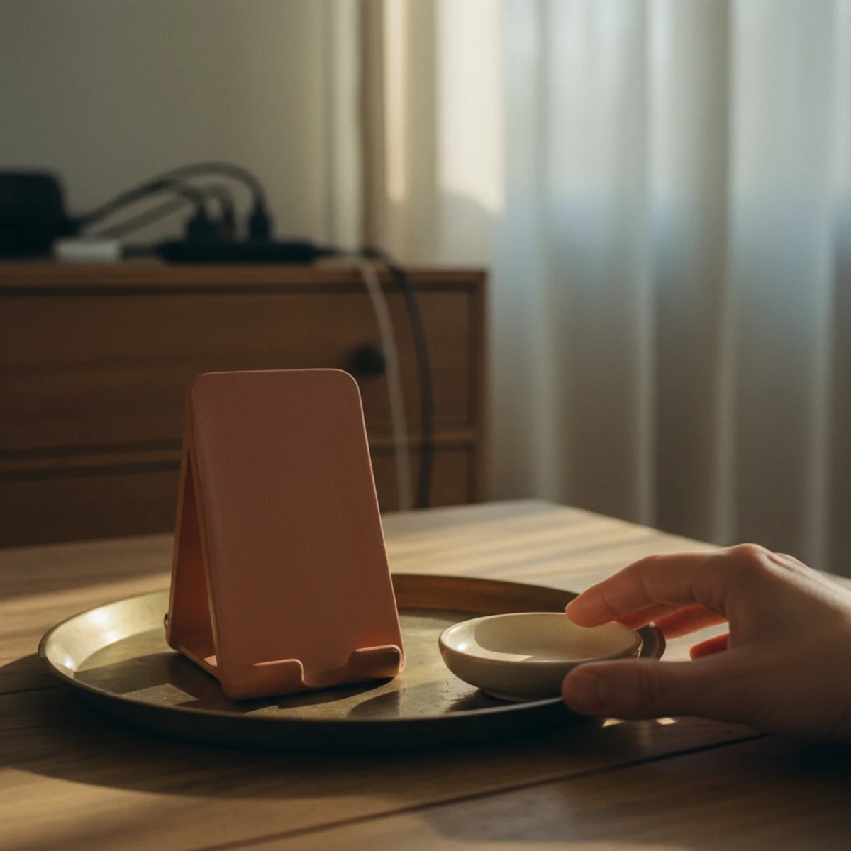 Bedroom cozy ideas — analog alarm clock on bedside table with phone charger relocated across the room on a dresser in a cozy bedroom — Home Decor Aura