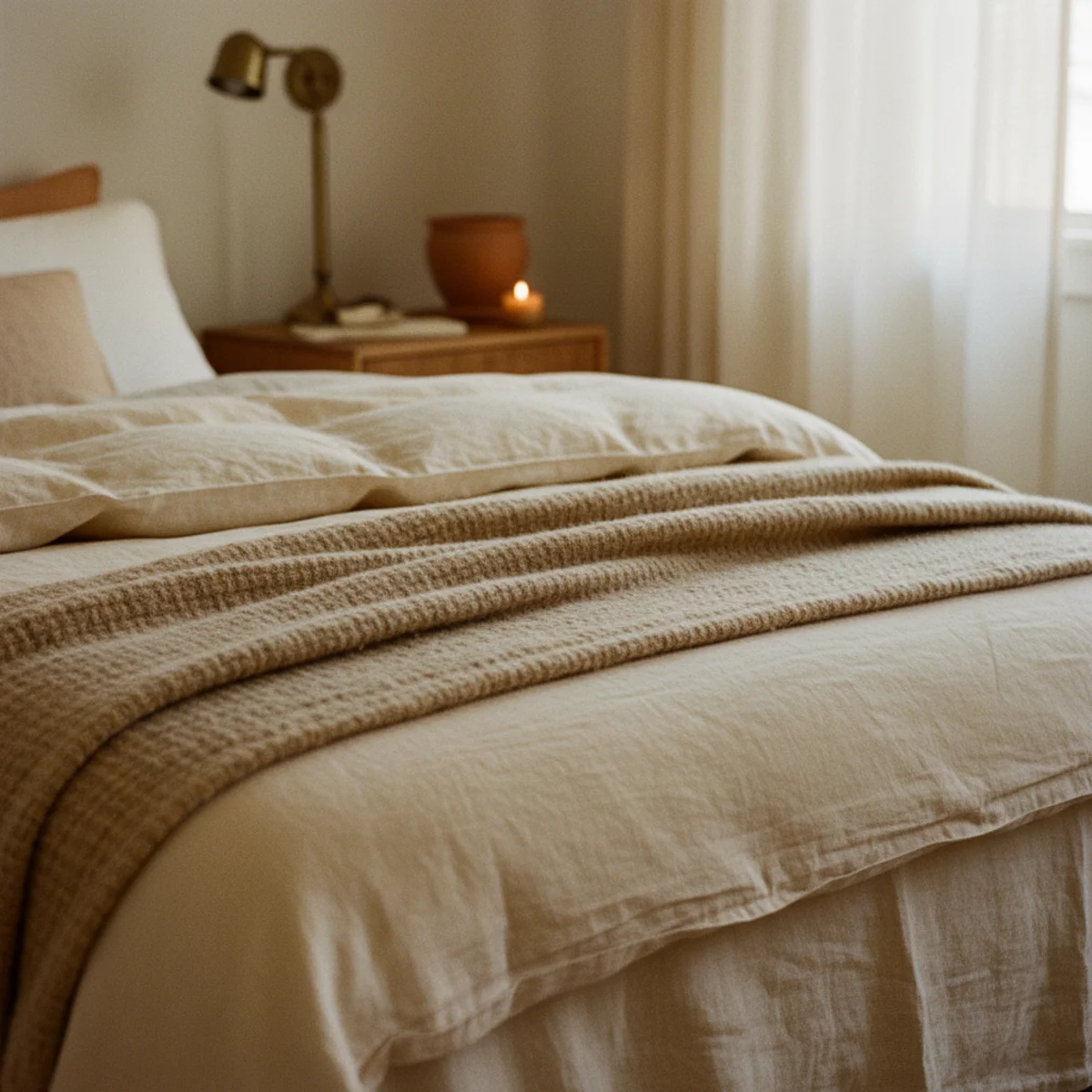 Bedroom cozy ideas — layered bed showing linen sheets, wool blanket, linen duvet, and wool throw at the foot all in undyed earth tones — Home Decor Aura