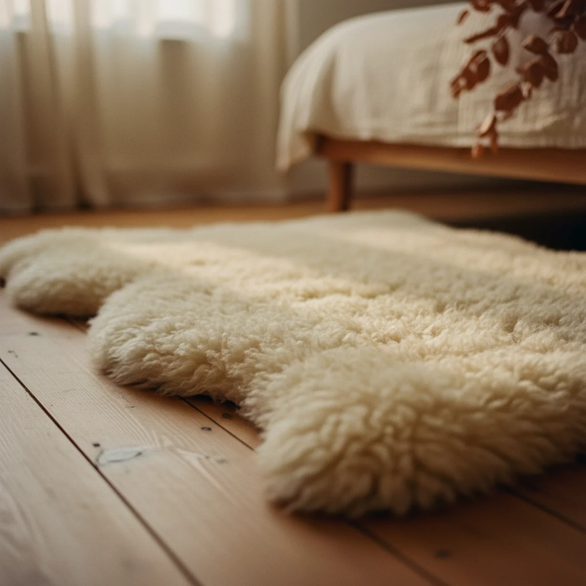 Bedroom cozy ideas — small wool bedside runner positioned where feet land in the morning beside a layered bed in a warm bedroom — Home Decor Aura