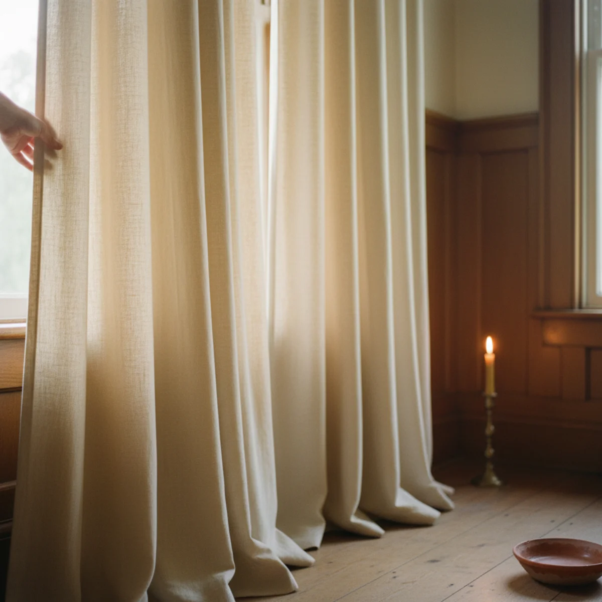 Bedroom cozy ideas — unlined linen curtain panels in oatmeal tone hung from rod mounted 4 inches below ceiling reaching the floor with slight puddle — Home Decor Aura