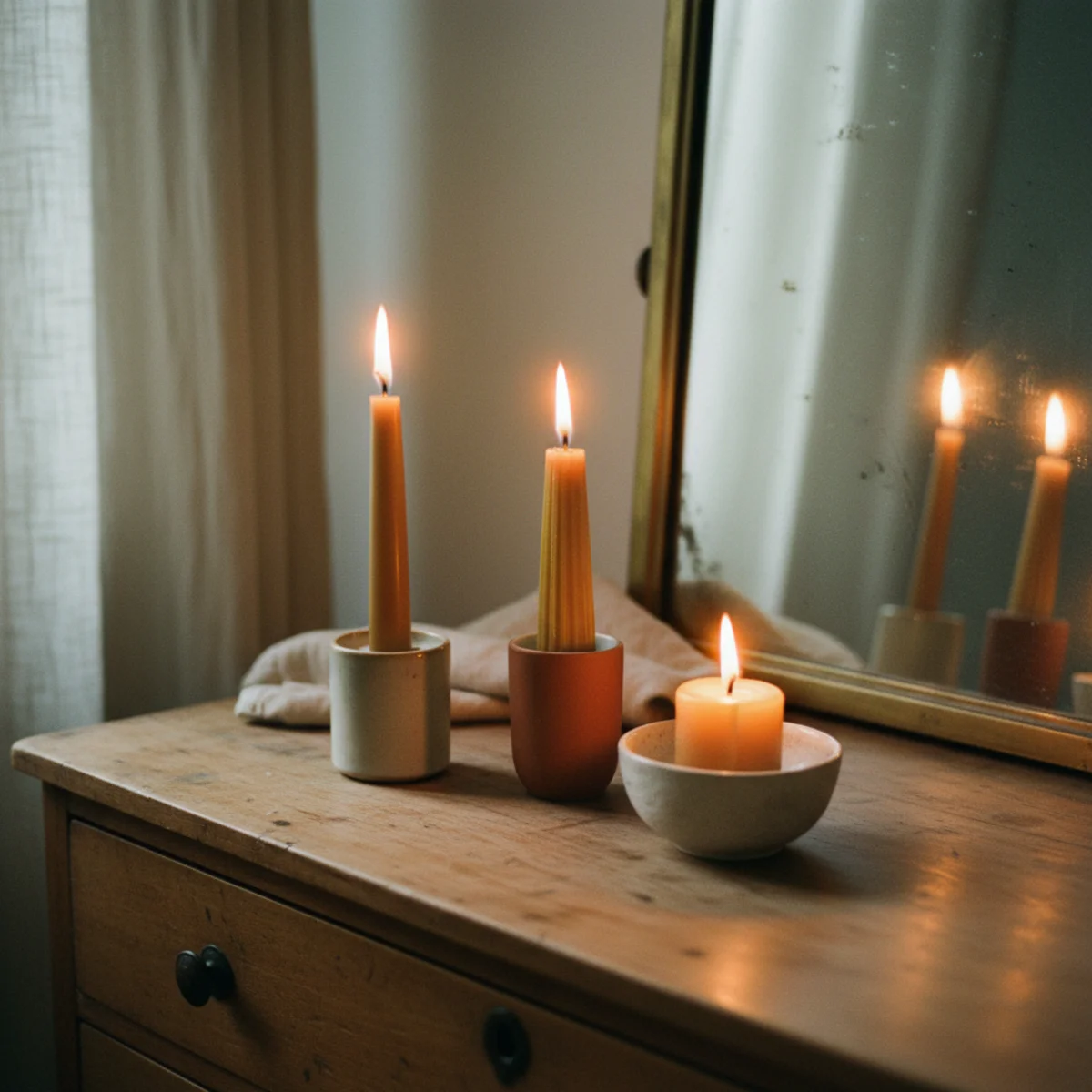 Bedroom cozy ideas — cluster of five beeswax candles in varied heights on a wooden dresser with flickering flames in a warm bedroom — Home Decor Aura