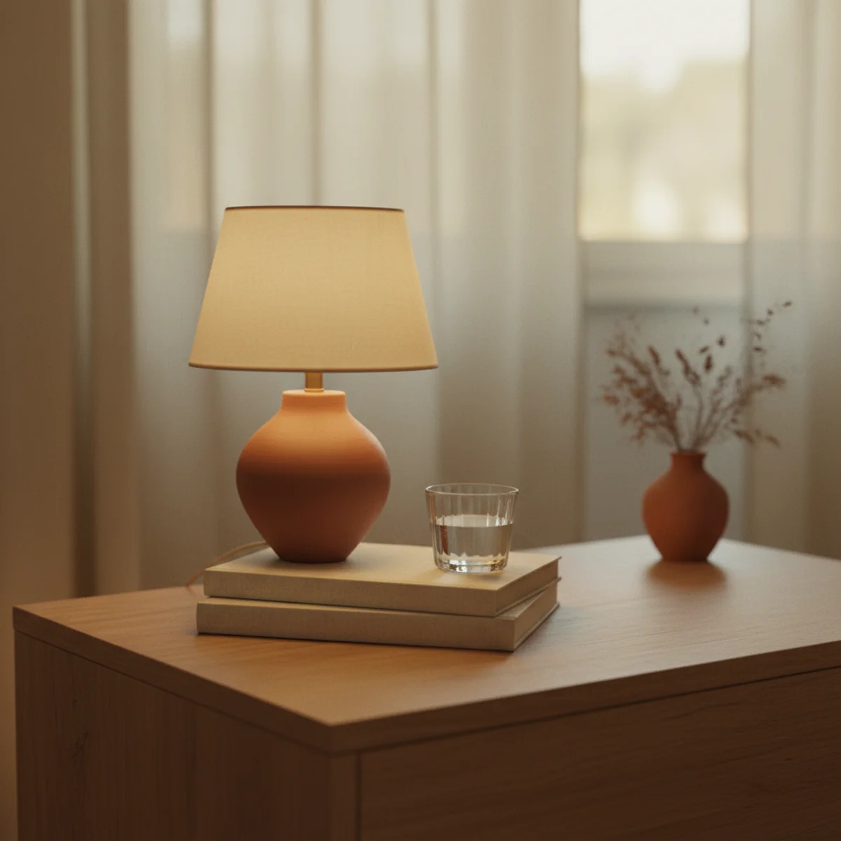 Bedroom cozy ideas — sparse styled nightstand with lamp, small framed photograph, current book, and small wooden tray containing daily items beside a layered bed — Home Decor Aura