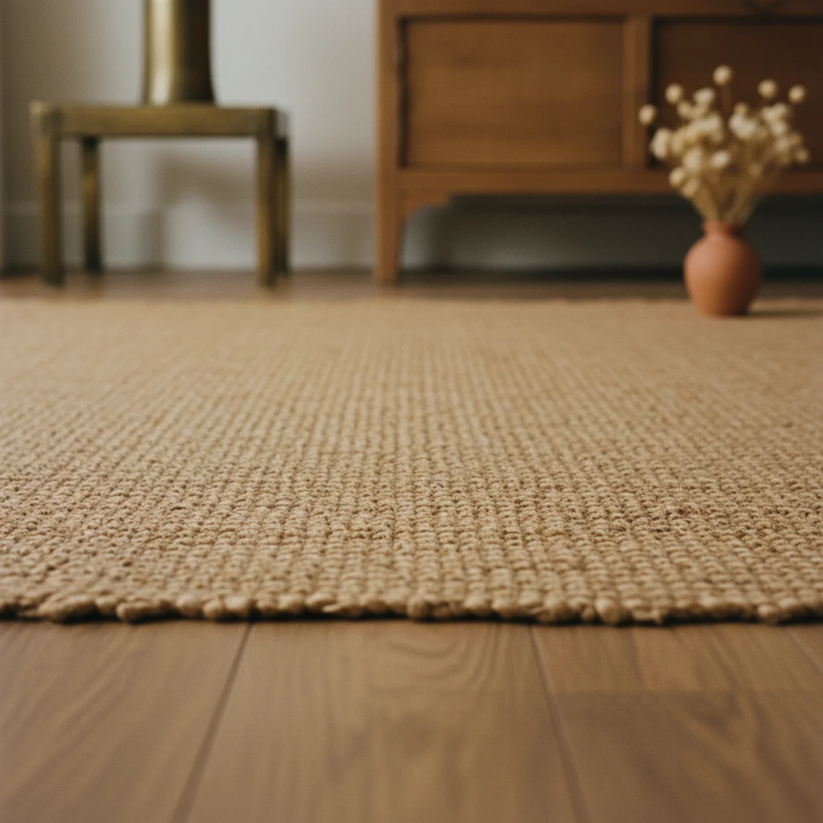 Best area rugs — warm honey-tan jute flat-weave rug in a living room with warm wood floors at edges showing the affordable natural-fiber base option — Home Decor Aura