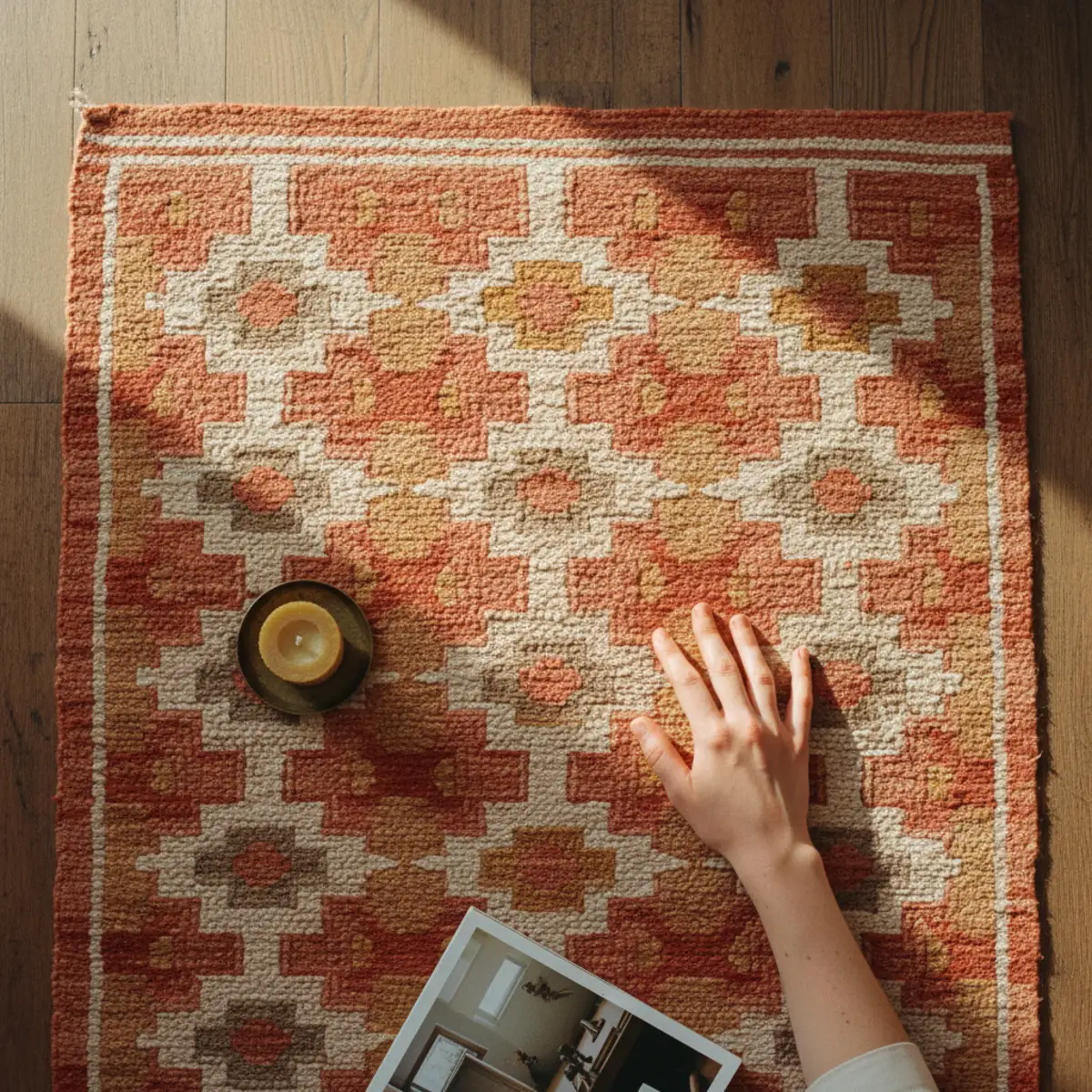 Best area rugs — cotton flat-weave dhurrie rug with geometric pattern in a casual family room showing the washable natural-fiber option for high-traffic areas — Home Decor Aura