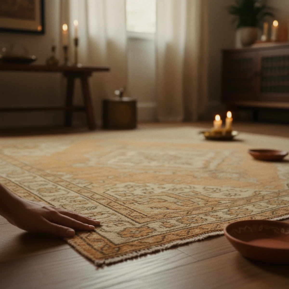 Best area rugs — vintage semi-antique Oushak Turkish hand-knotted rug in mellow amber and cream tones in a warm living room showing the heirloom rug category — Home Decor Aura