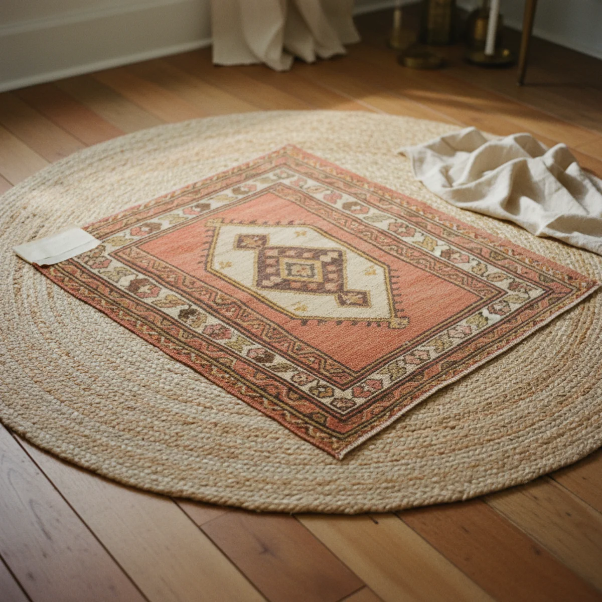 Best area rugs — jute base rug under vintage Turkish kilim layered on top with 14 inches of natural jute visible as frame showing the two-rug layering approach — Home Decor Aura