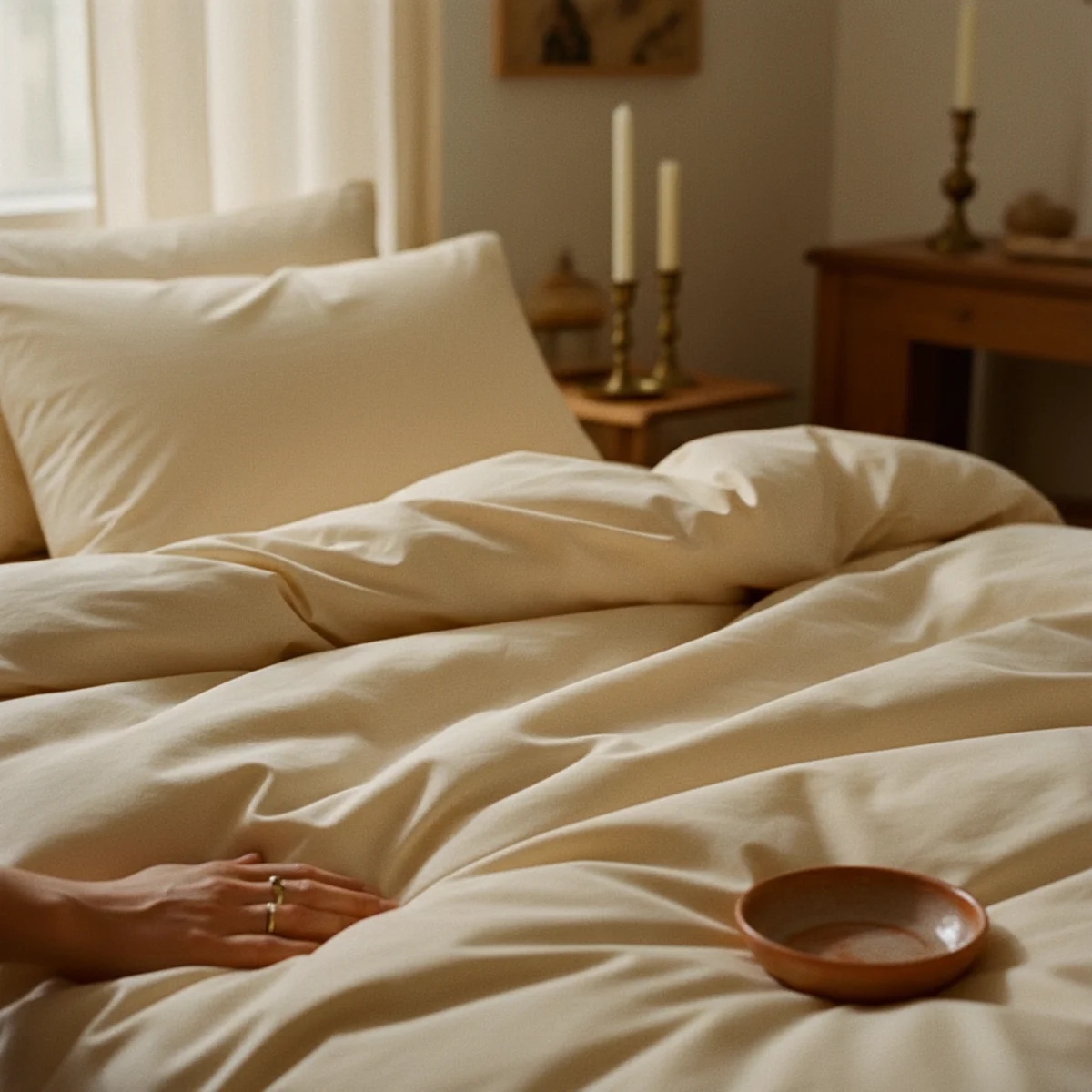 Best bedding cozy bed — smooth cream Tencel sheet showing the silky smooth surface texture that distinguishes bamboo and Tencel bedding from cotton — Home Decor Aura