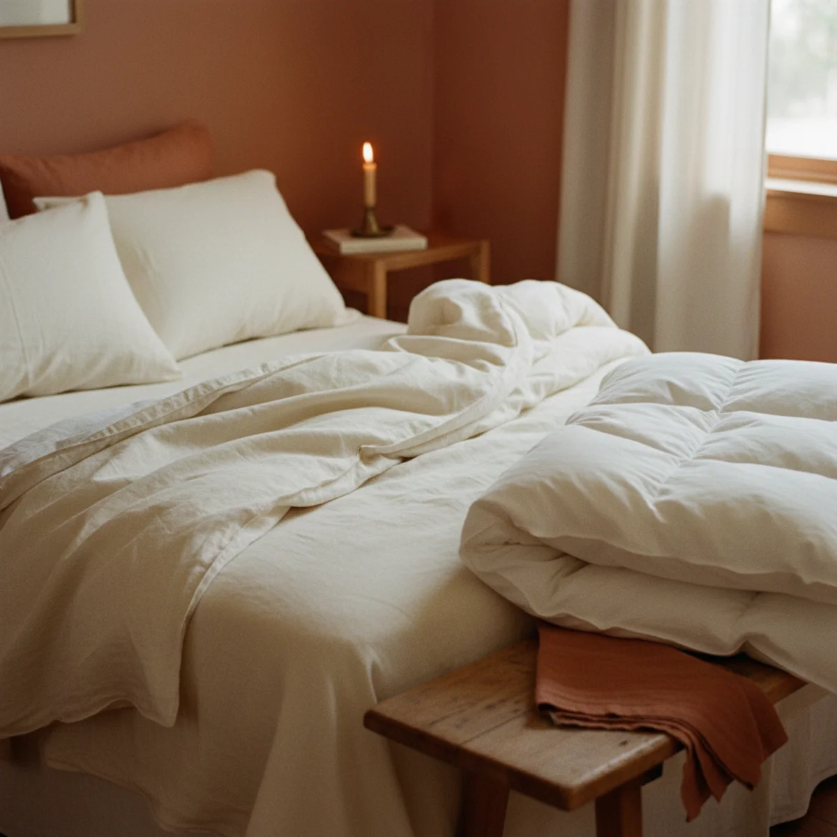 Best bedding cozy bed — bed with linen base sheets, linen duvet cover, and wool blanket folded at foot showing the three-layer seasonal bed composition — Home Decor Aura
