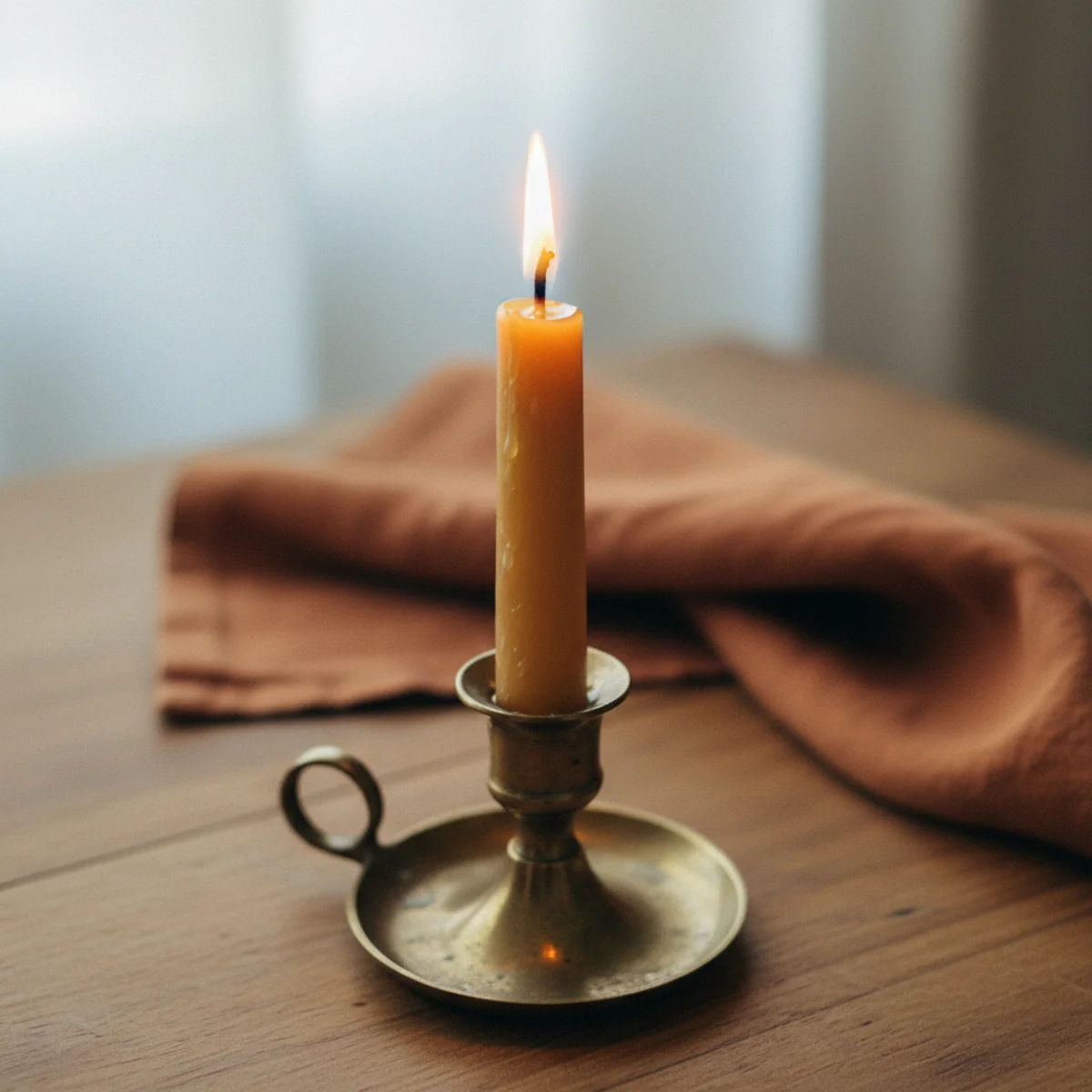 Best candles for cozy home — three beeswax tapers in honey-gold color burning with warm clean flame in vintage brass candlesticks on a dining table — Home Decor Aura