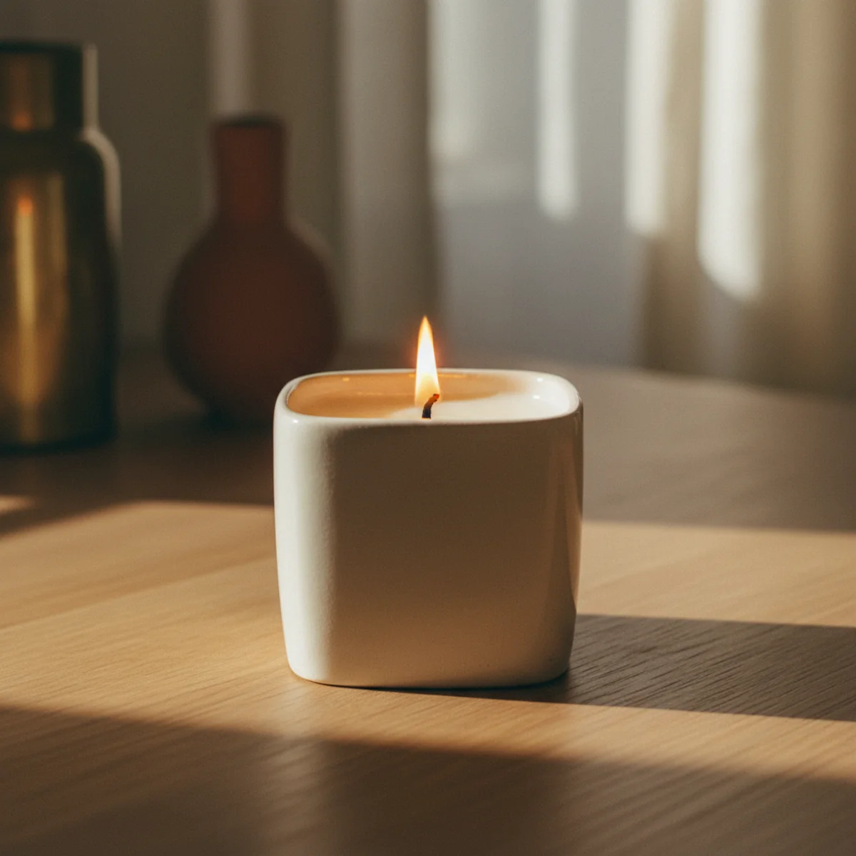 Best candles for cozy home — P.F. Candle Co. soy candle in 7.2 oz amber glass jar burning beside a stack of books and ceramic mug on a side table — Home Decor Aura