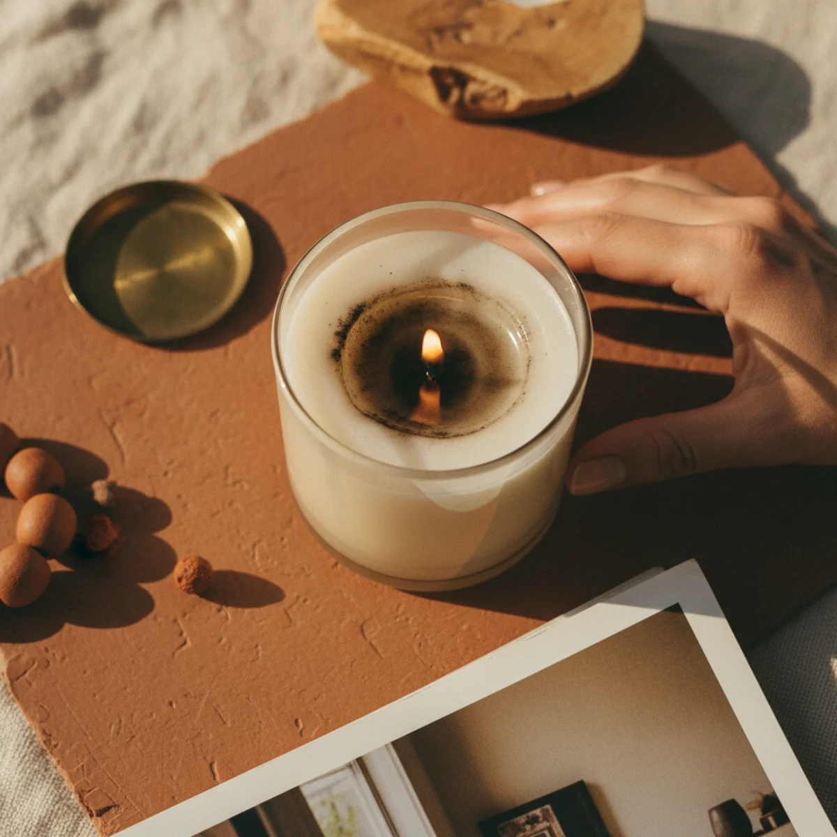Best candles for cozy home — paraffin candle burning with visible smoke and slight soot deposition compared to clean-burning natural wax candle showing the visible difference in burn quality — Home Decor Aura