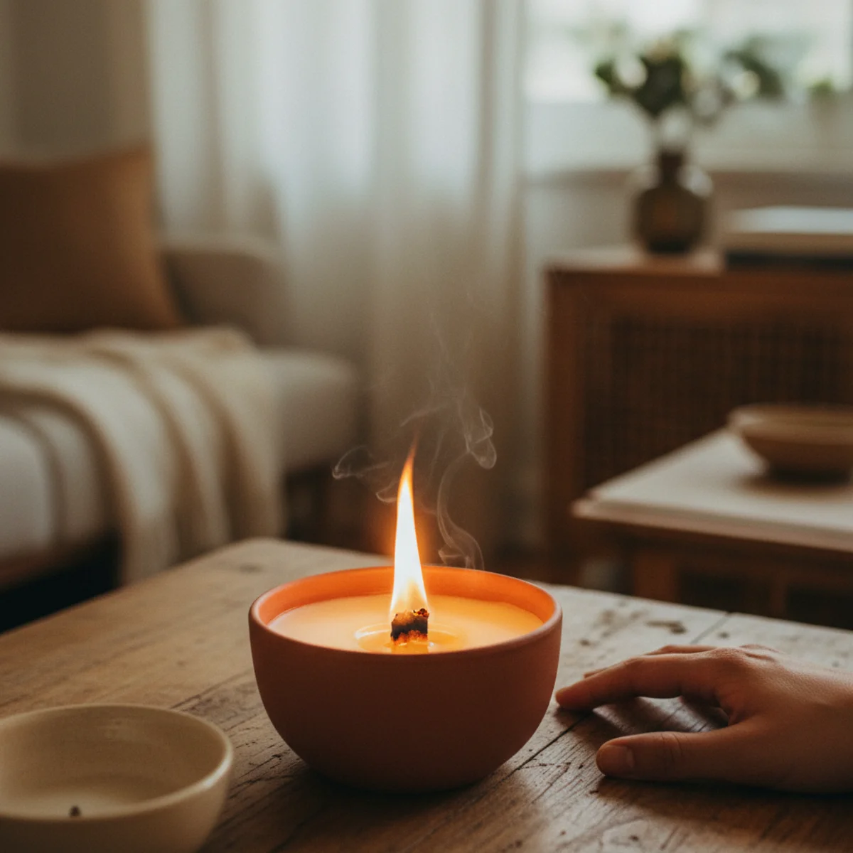 Best candles for cozy home — wood wick candle burning with horizontal flame and visible wood wick producing crackling sound in a cozy evening living room beside a reading chair — Home Decor Aura