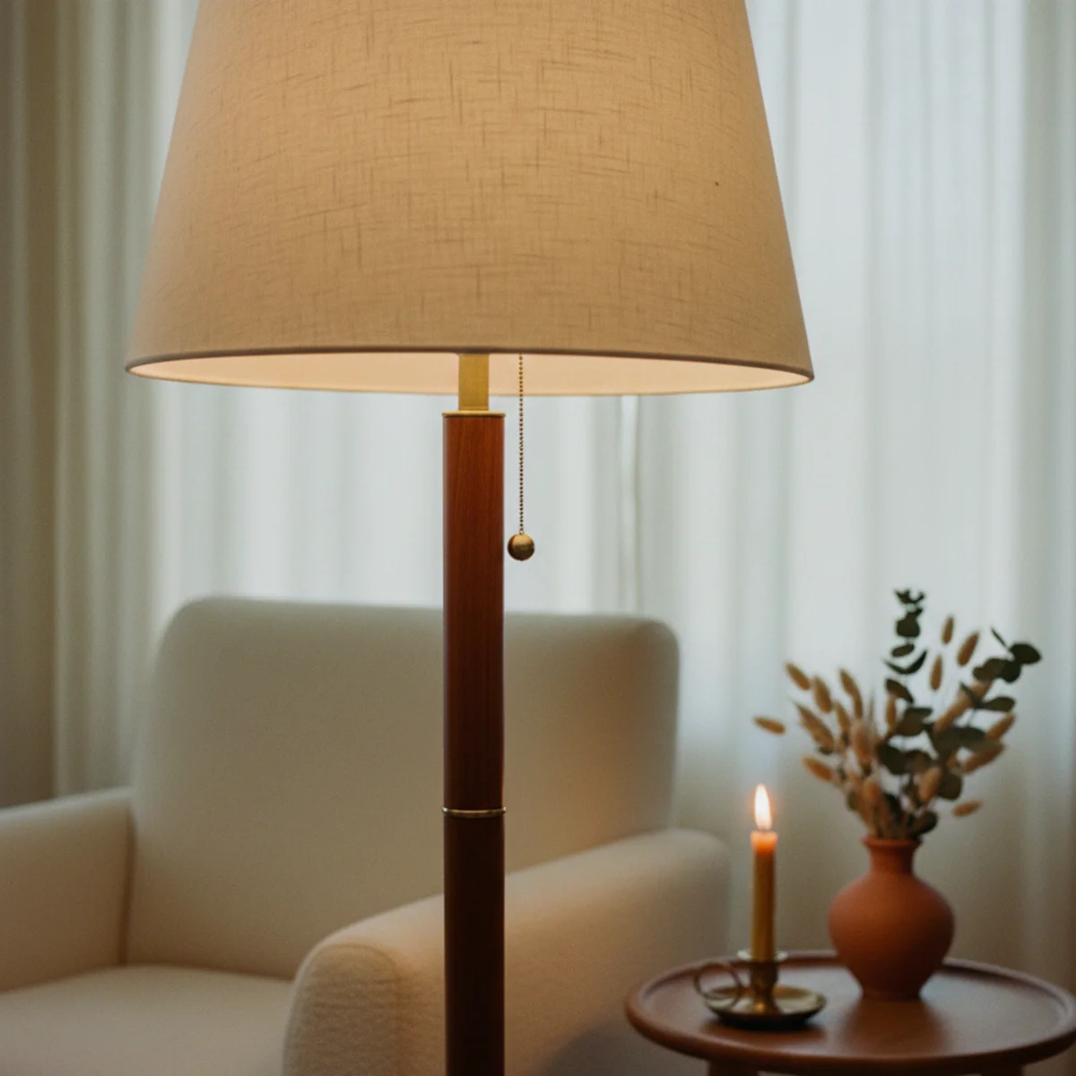 Best lamps warm light — 62-inch brass floor lamp positioned behind a reading chair with shade bottom at 44 inches dropping warm light over the shoulder — Home Decor Aura