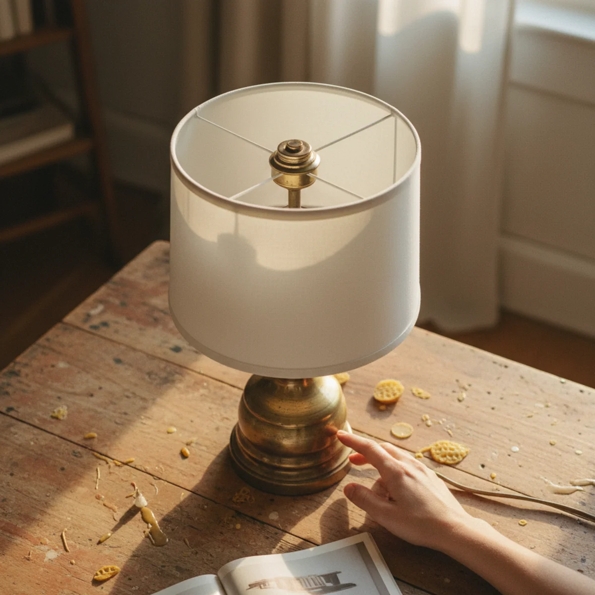 Best lamps warm light — heavy vintage solid brass table lamp base from the 1970s with new linen drum shade in a warm living room — Home Decor Aura