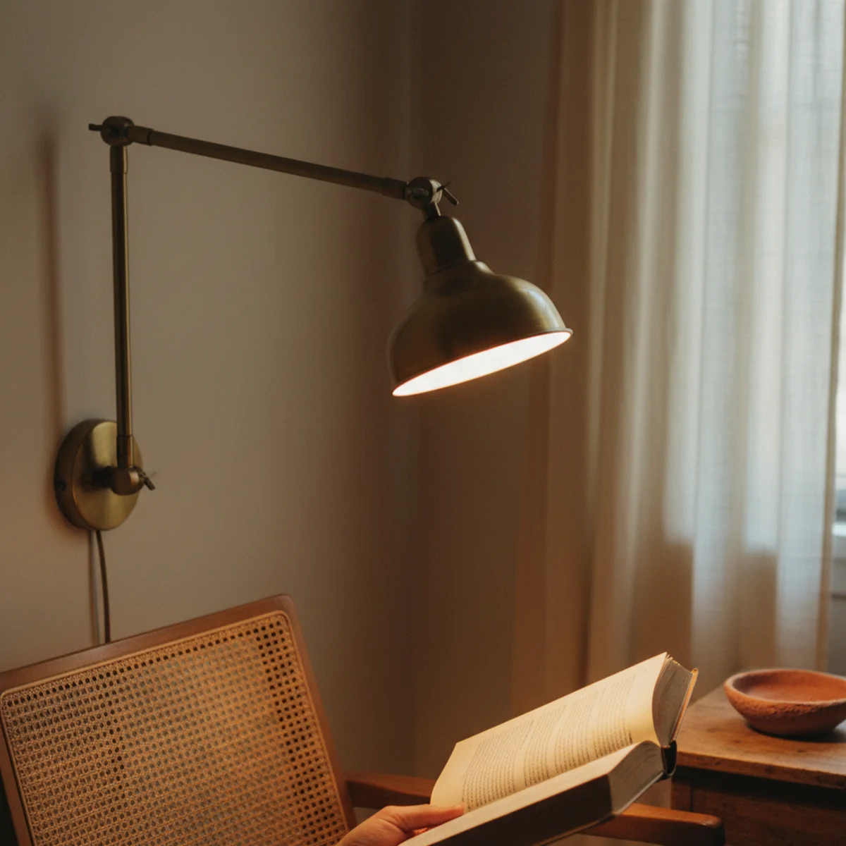 Best lamps warm light — plug-in brass swing-arm wall sconce mounted 50 inches above the floor beside a bed with adjustable arm for reading — Home Decor Aura