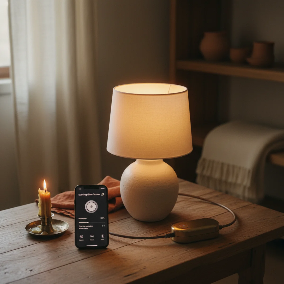 Best lamps warm light — smart plug controlling three lamps in a warm living room automatically turning on at sunset — Home Decor Aura