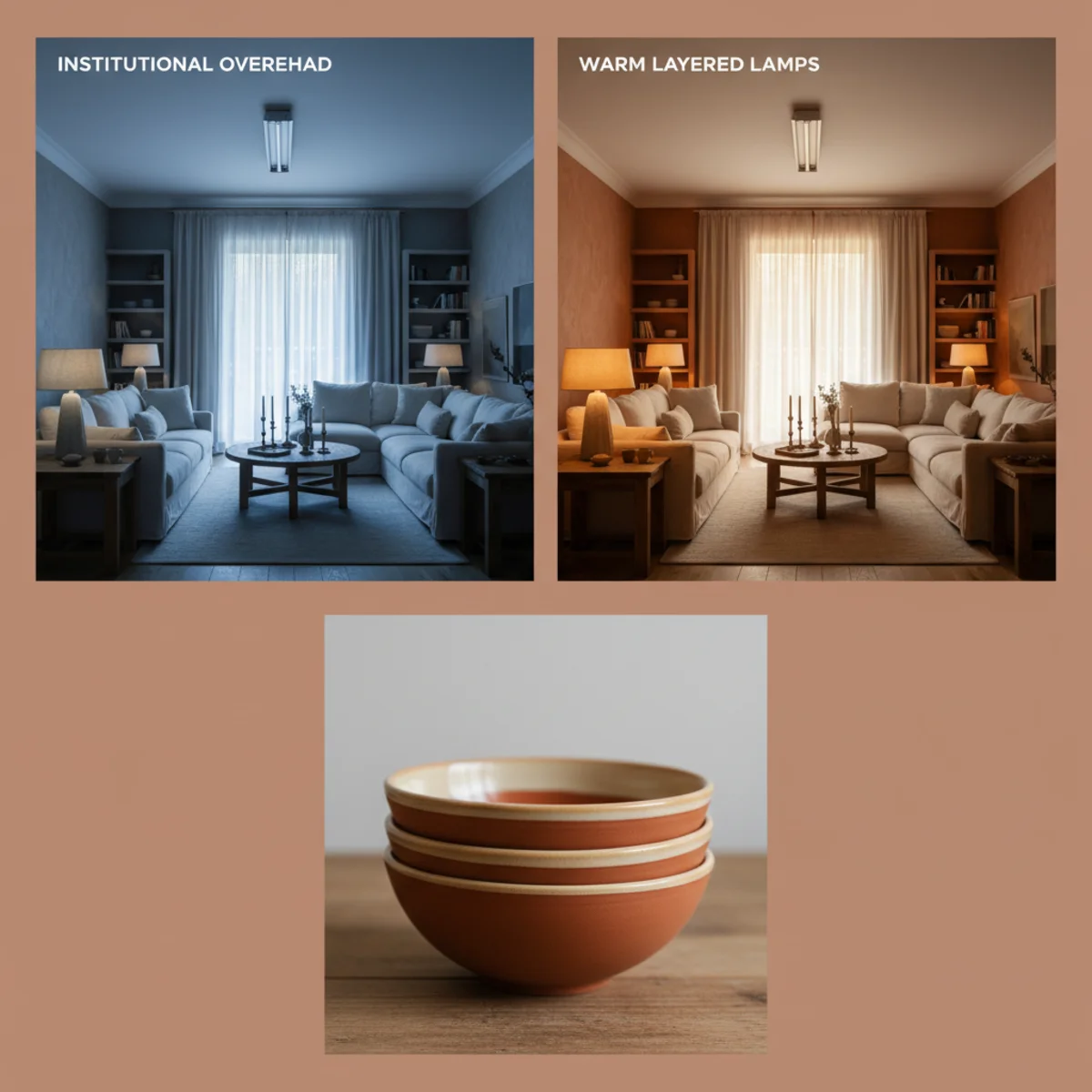 Best lamps warm light — warm living room lit by three layered lamps with no overhead on, showing how cozy rooms work without ceiling light — Home Decor Aura