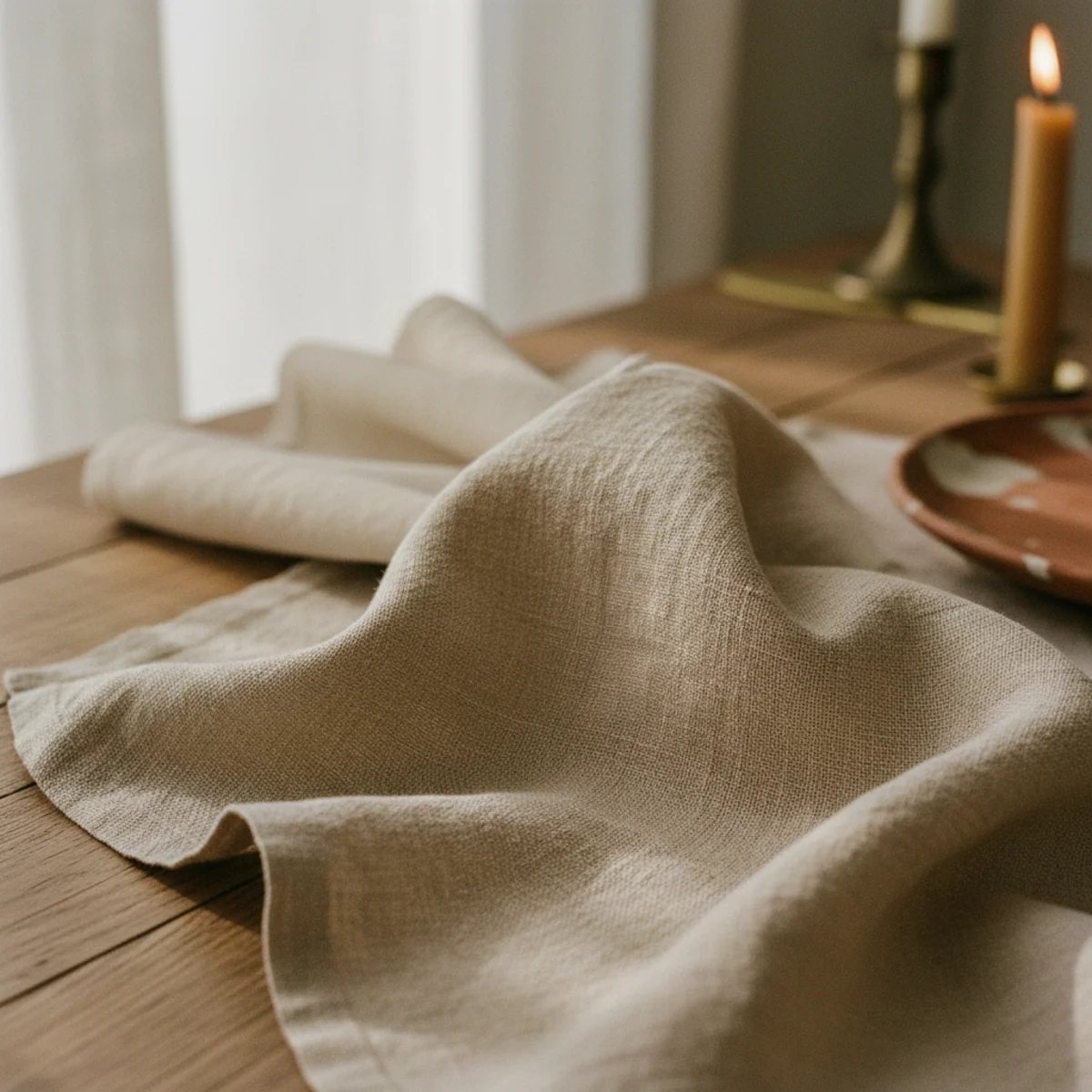 Best linen bedding — close-up of European flax linen duvet cover showing long fiber length and natural texture in cream tone on a bed in a warm bedroom — Home Decor Aura